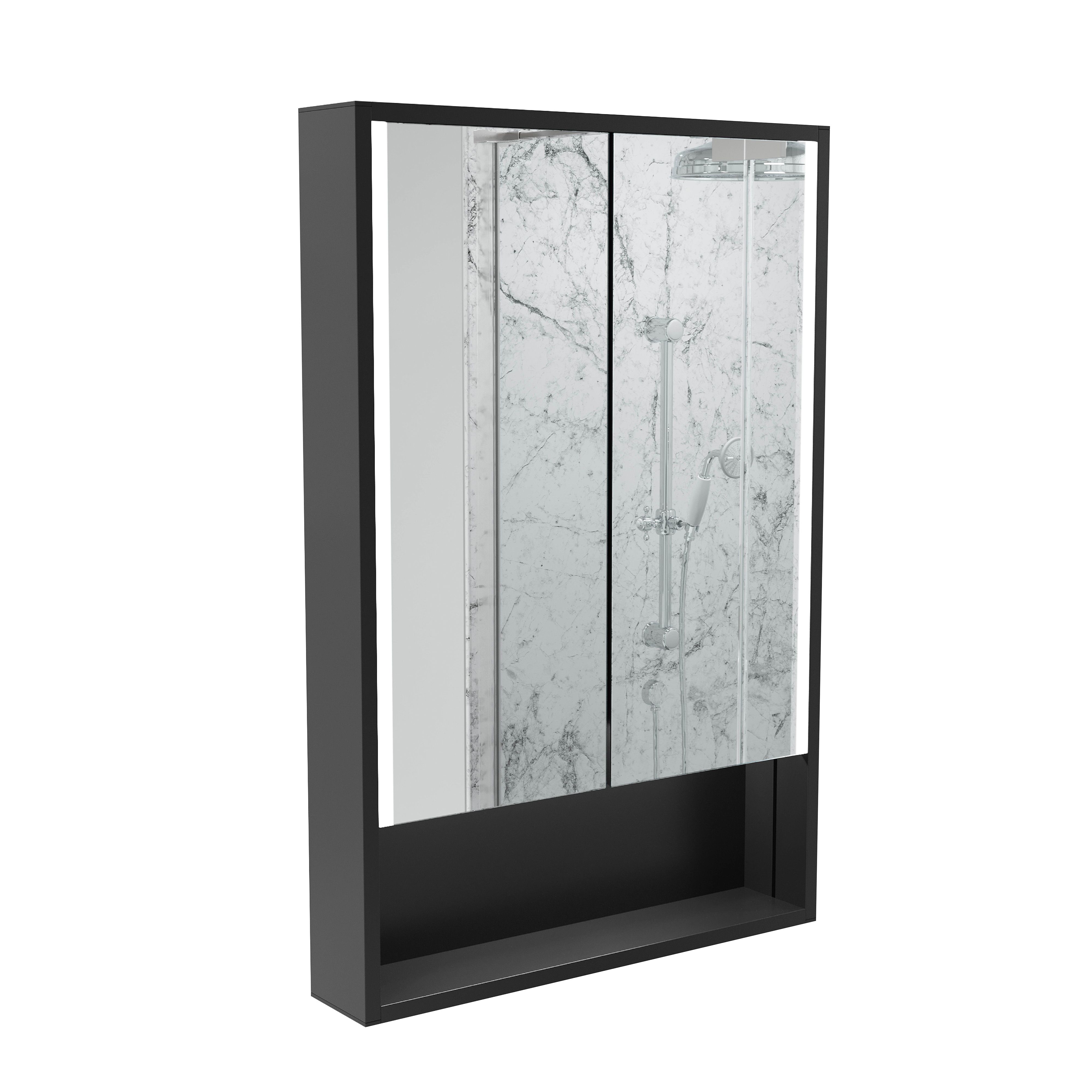 Sensio Sydney Matt Black Wall-mounted Illuminated Mirrored Bathroom Cabinet (W)600mm (H)900mm