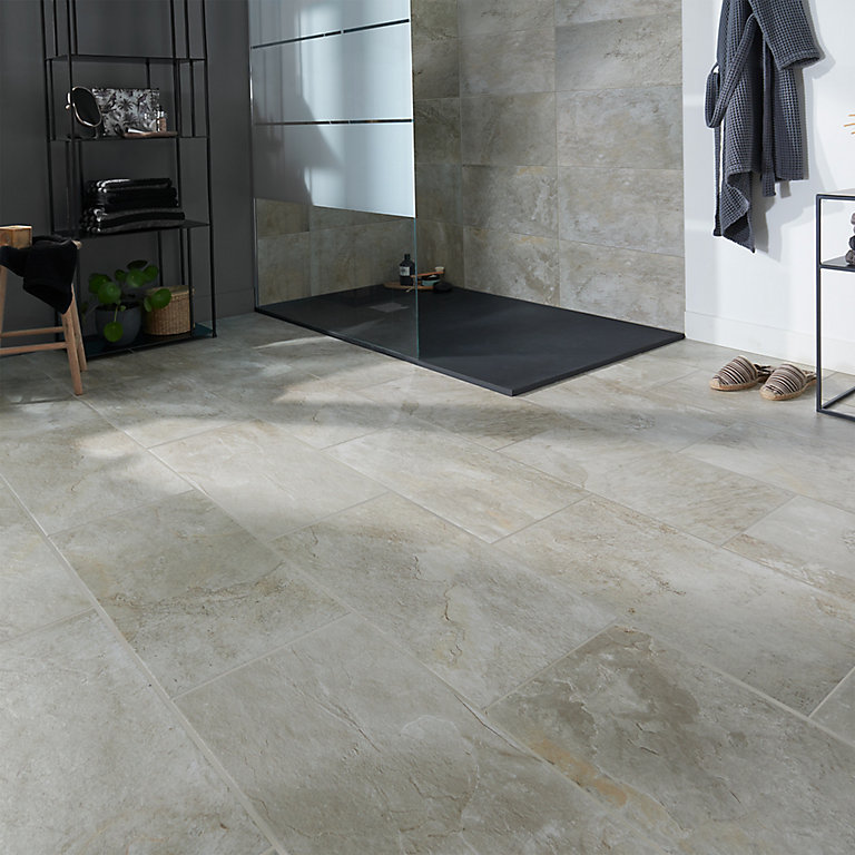 Shaded Slate Beige Matt Stone Effect, Non Slip Bathroom Floor Tiles B Q