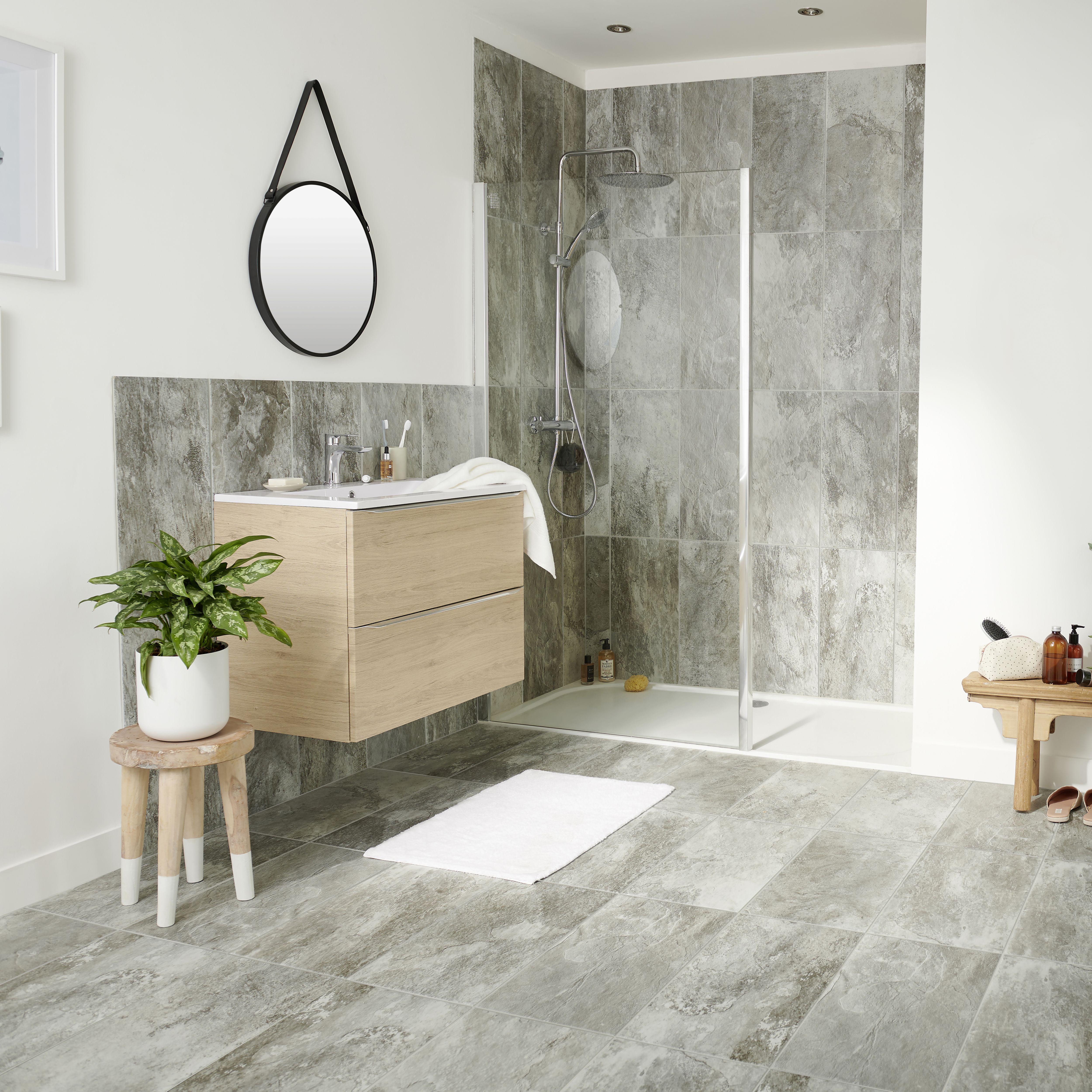 Shaded slate Grey Matt Stone effect Porcelain Wall & floor Tile, Pack of 6, (L)600mm (W)300mm