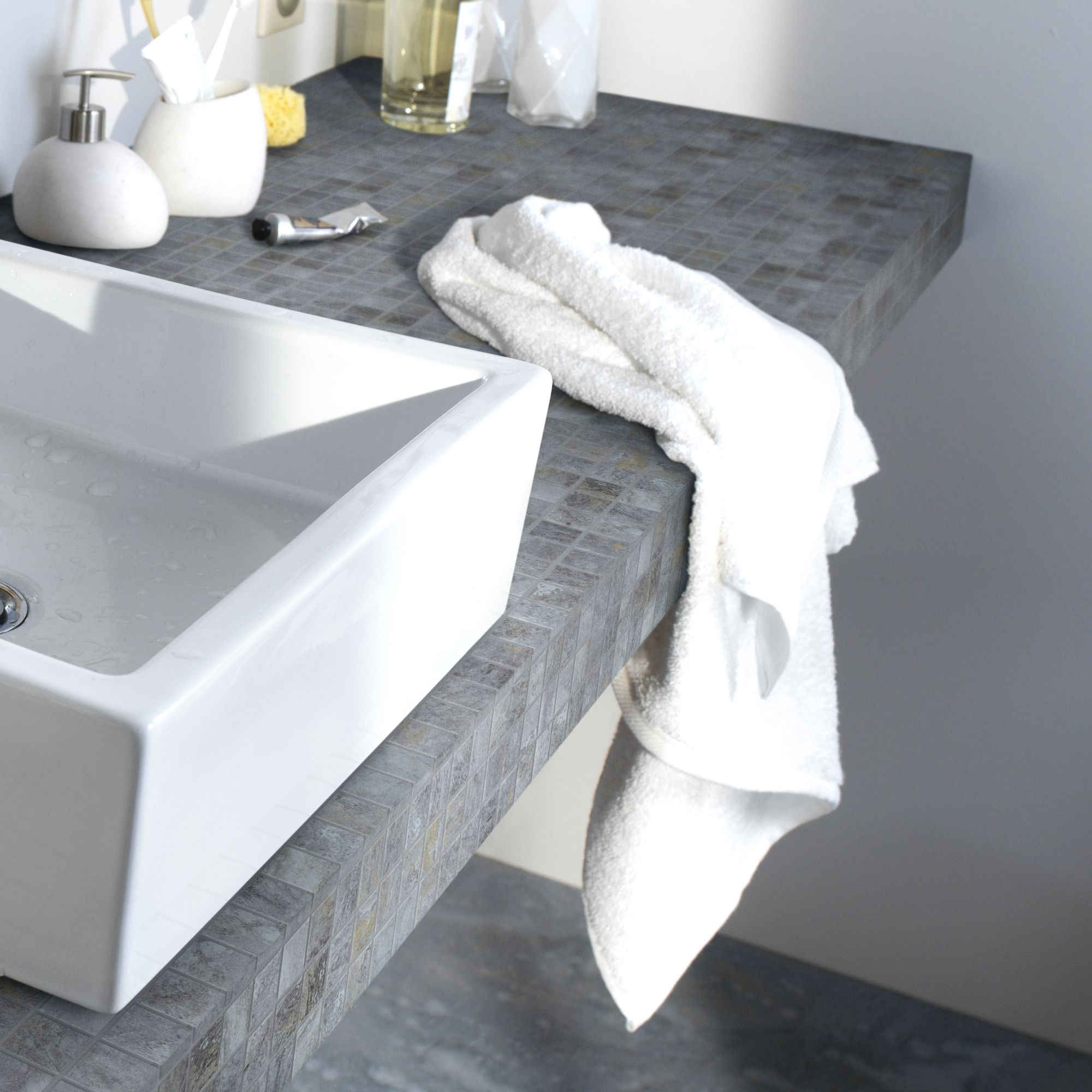 Shaded slate Grey Porcelain Mosaic tile sheet, (L)300mm (W)300mm