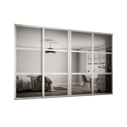 Shaker Contemporary Matt white 3 panel Mirrored Sliding wardrobe door kit (H)2260mm (W)3506mm, Pack of 4
