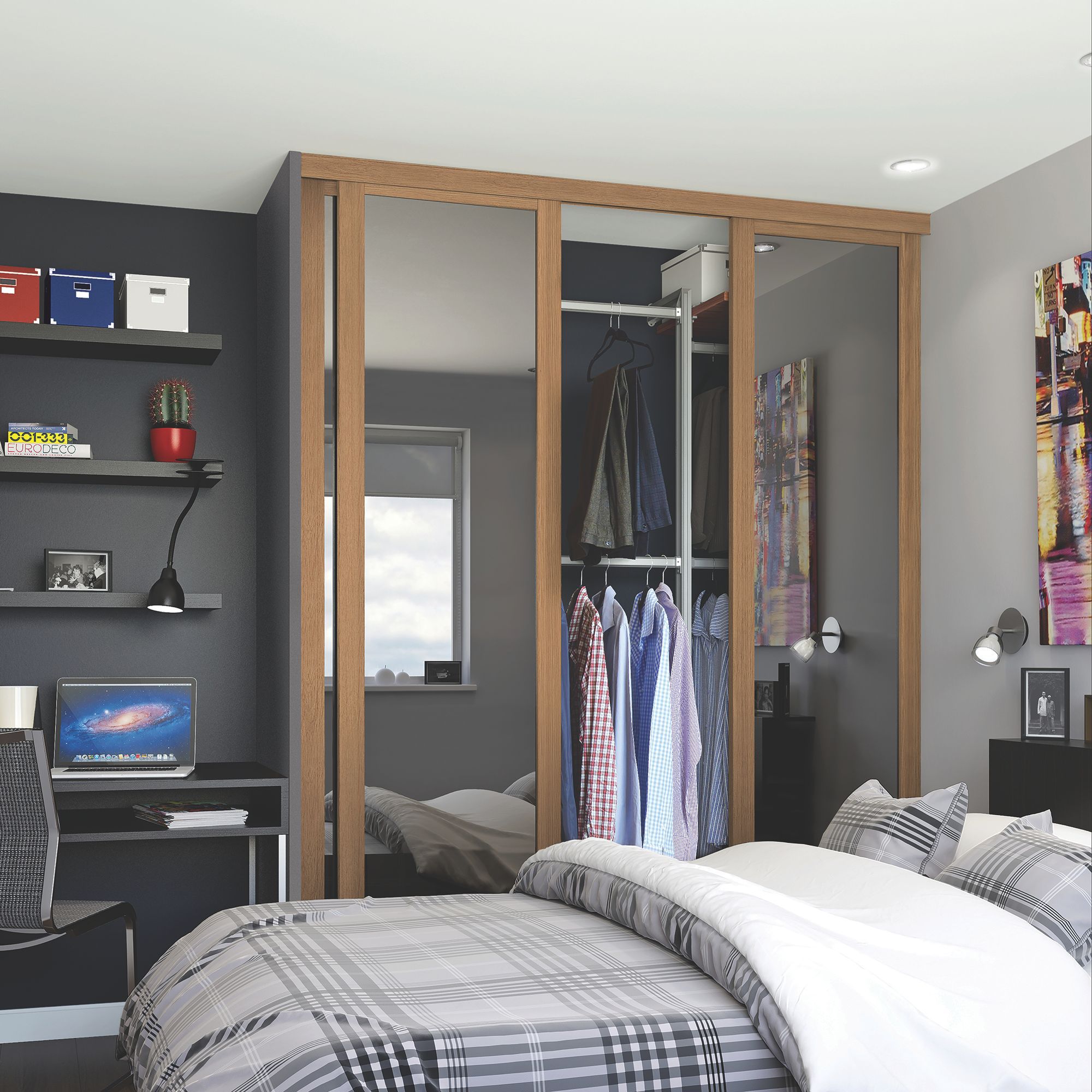 Shaker Mirrored Oak effect 3 door Sliding Wardrobe Door kit (H)2260mm (W)2136mm