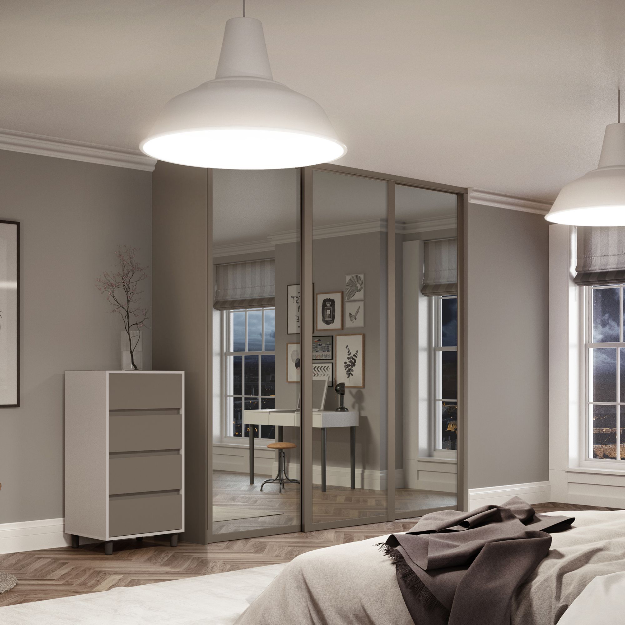 Shaker With 3 mirror doors Stone grey 3 door Sliding Wardrobe Door kit (H)2260mm (W)1680mm