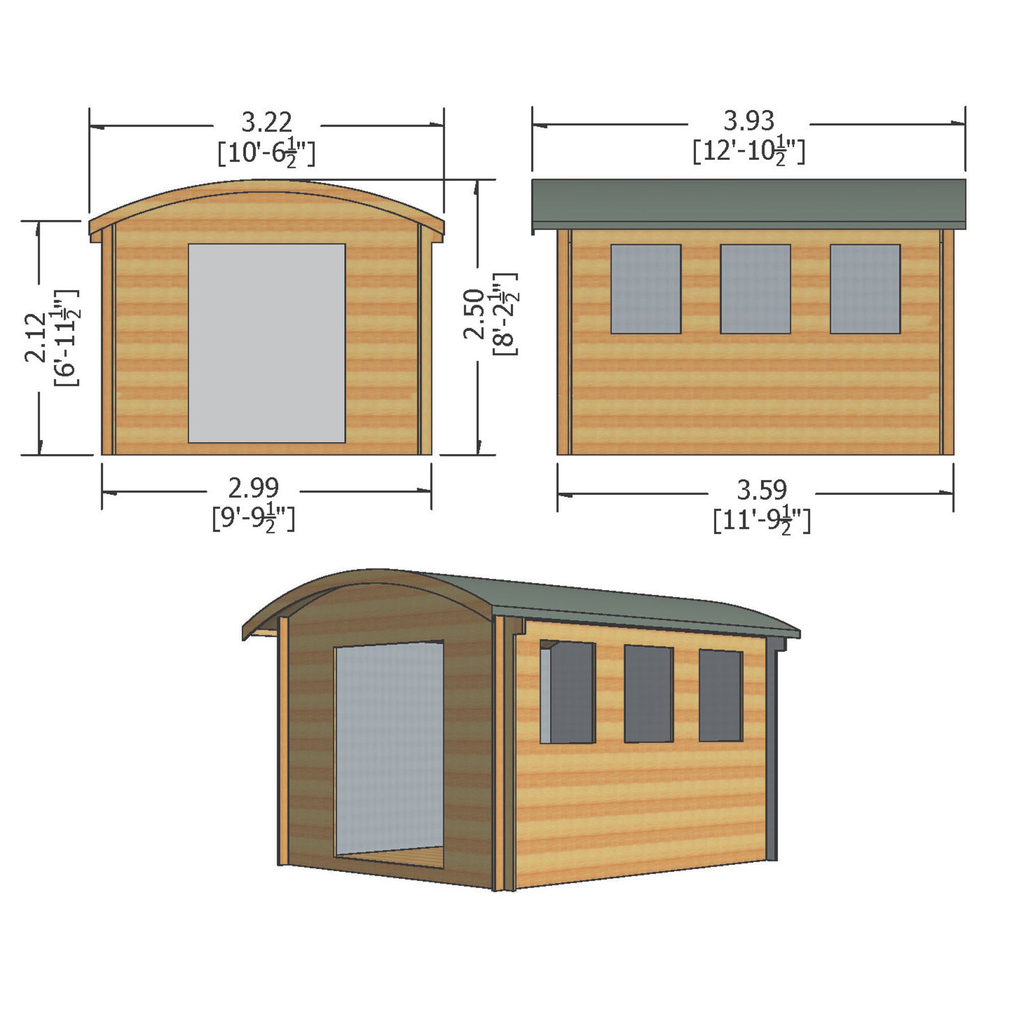 Shire Kilburn 10x12 ft Toughened glass & 3 windows Curved Wooden Cabin - Assembly service included