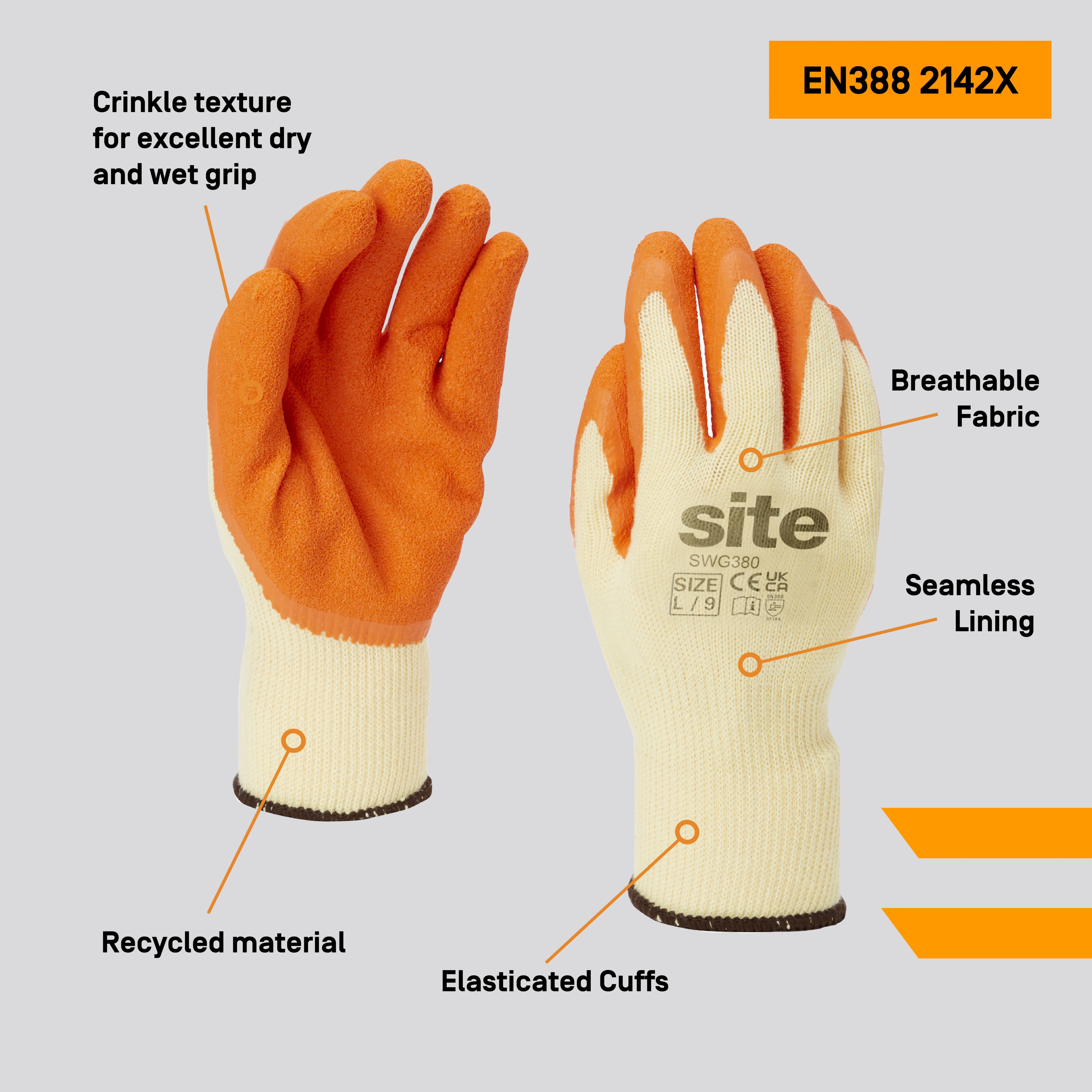 Site Latex & polycotton Yellow/Orange Builder's gloves, Large