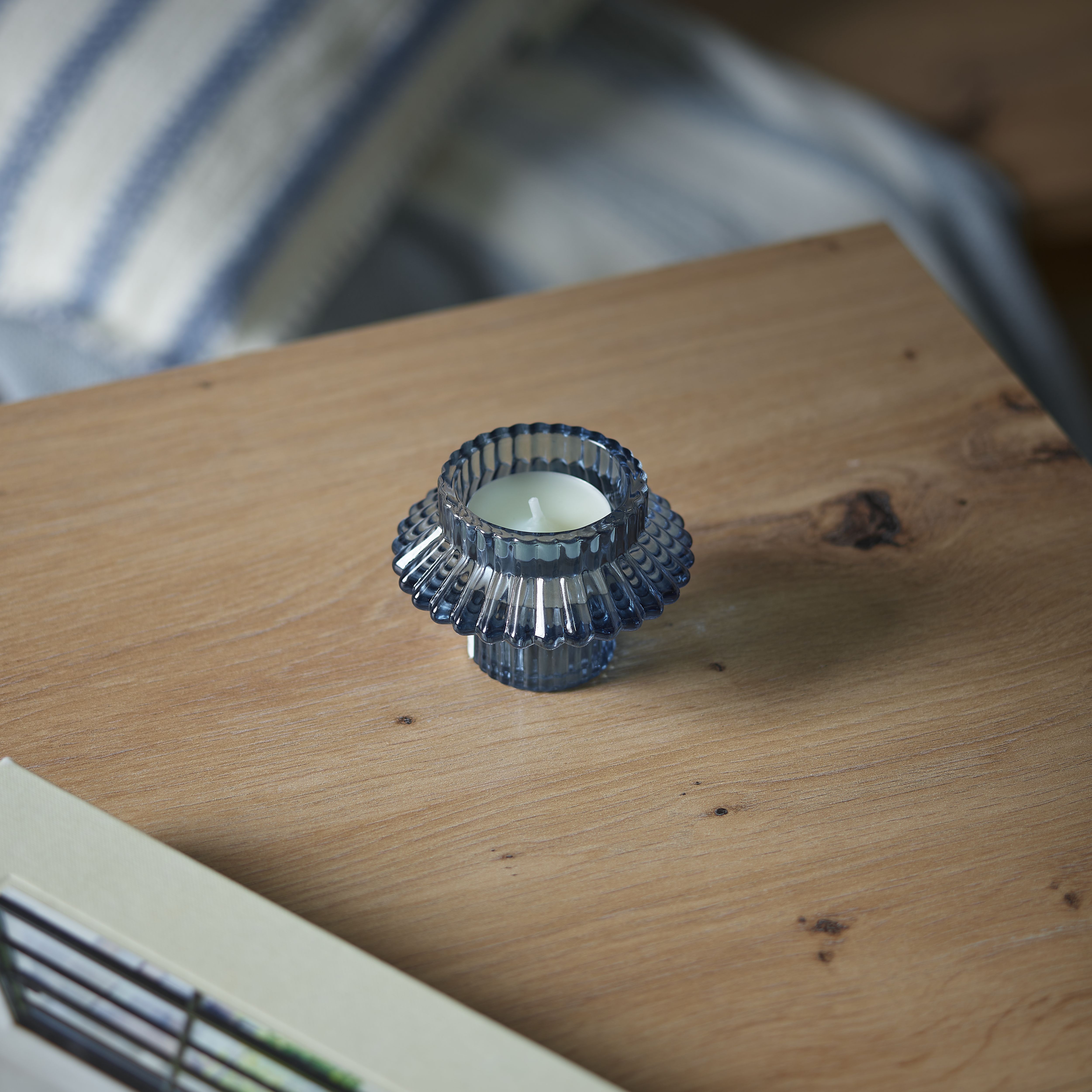 Small Blue Ribbed Glass Candle holder