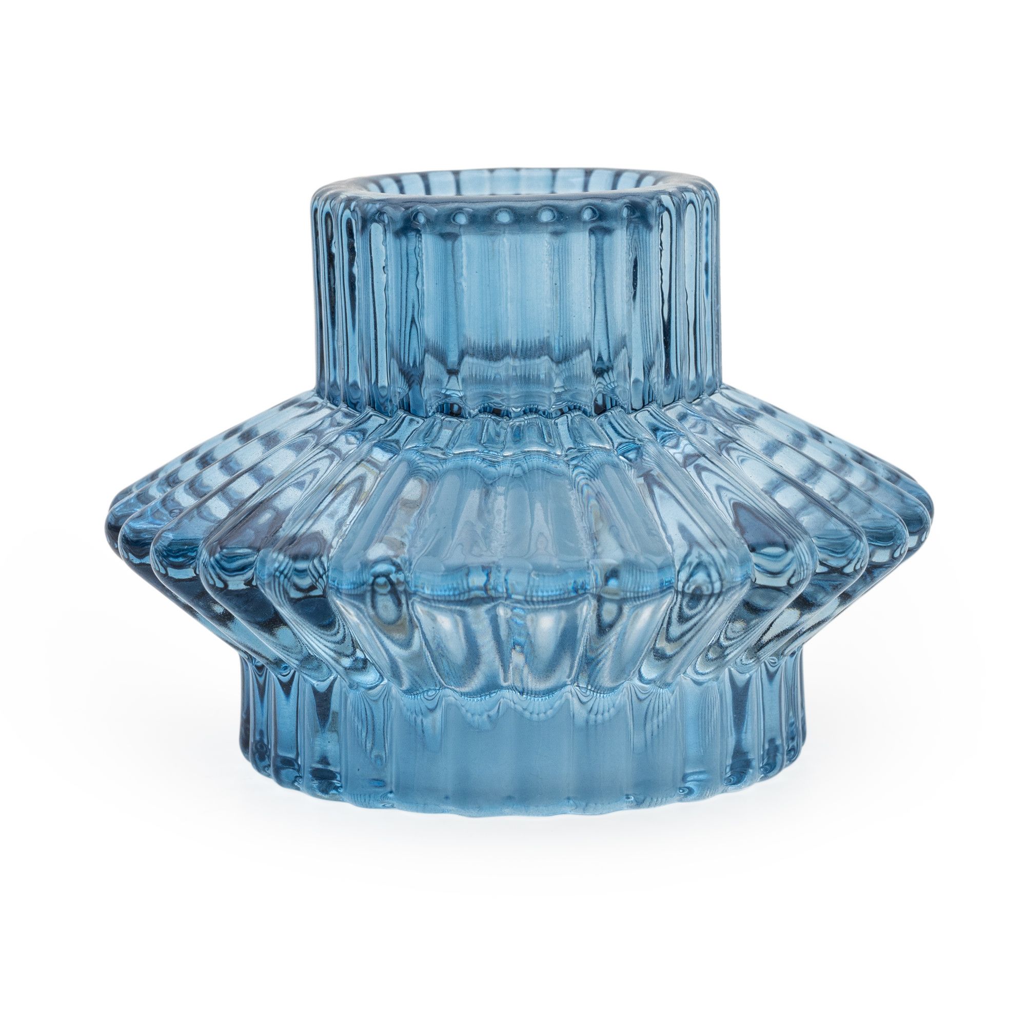Small Blue Ribbed Glass Candle holder
