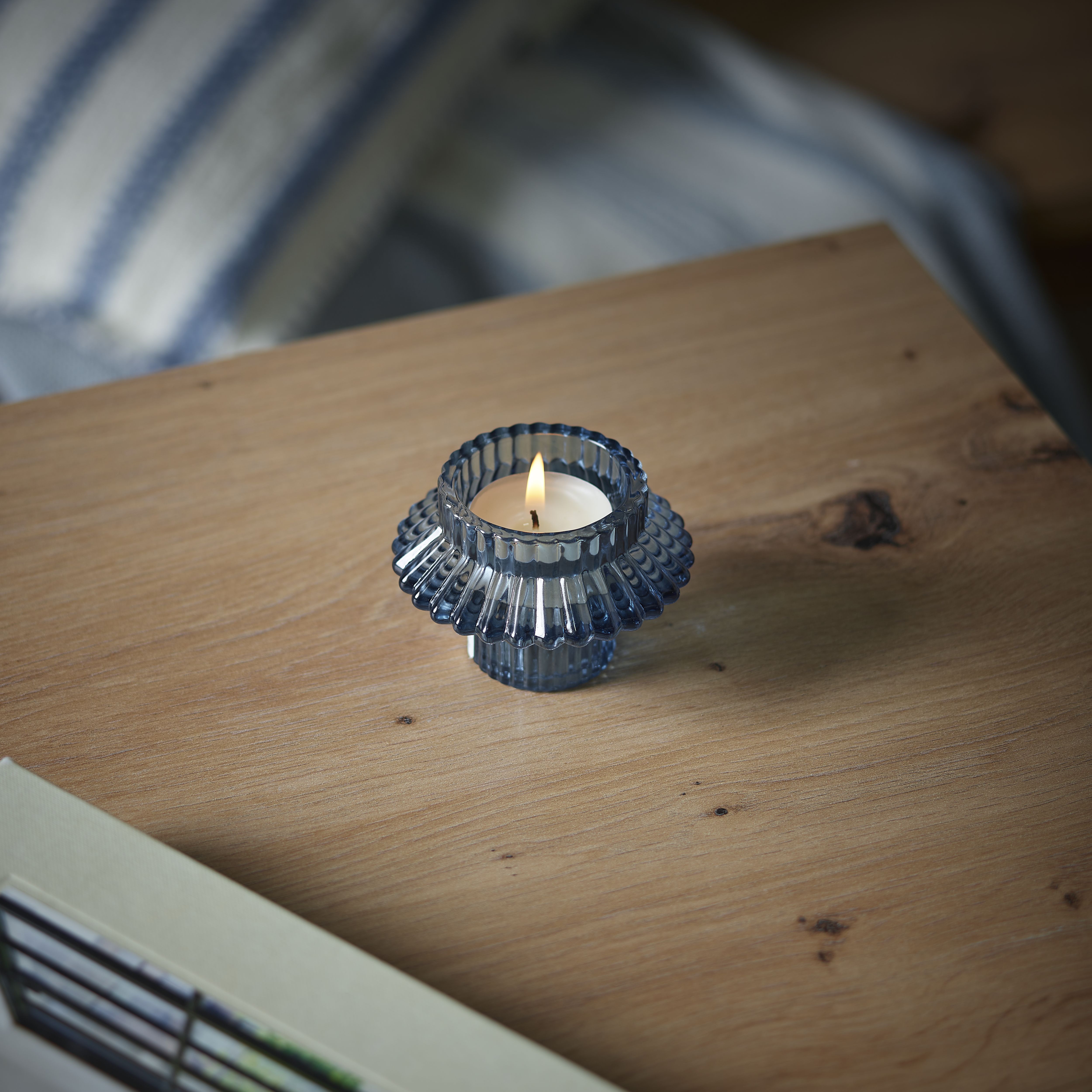 Small Blue Ribbed Glass Candle holder