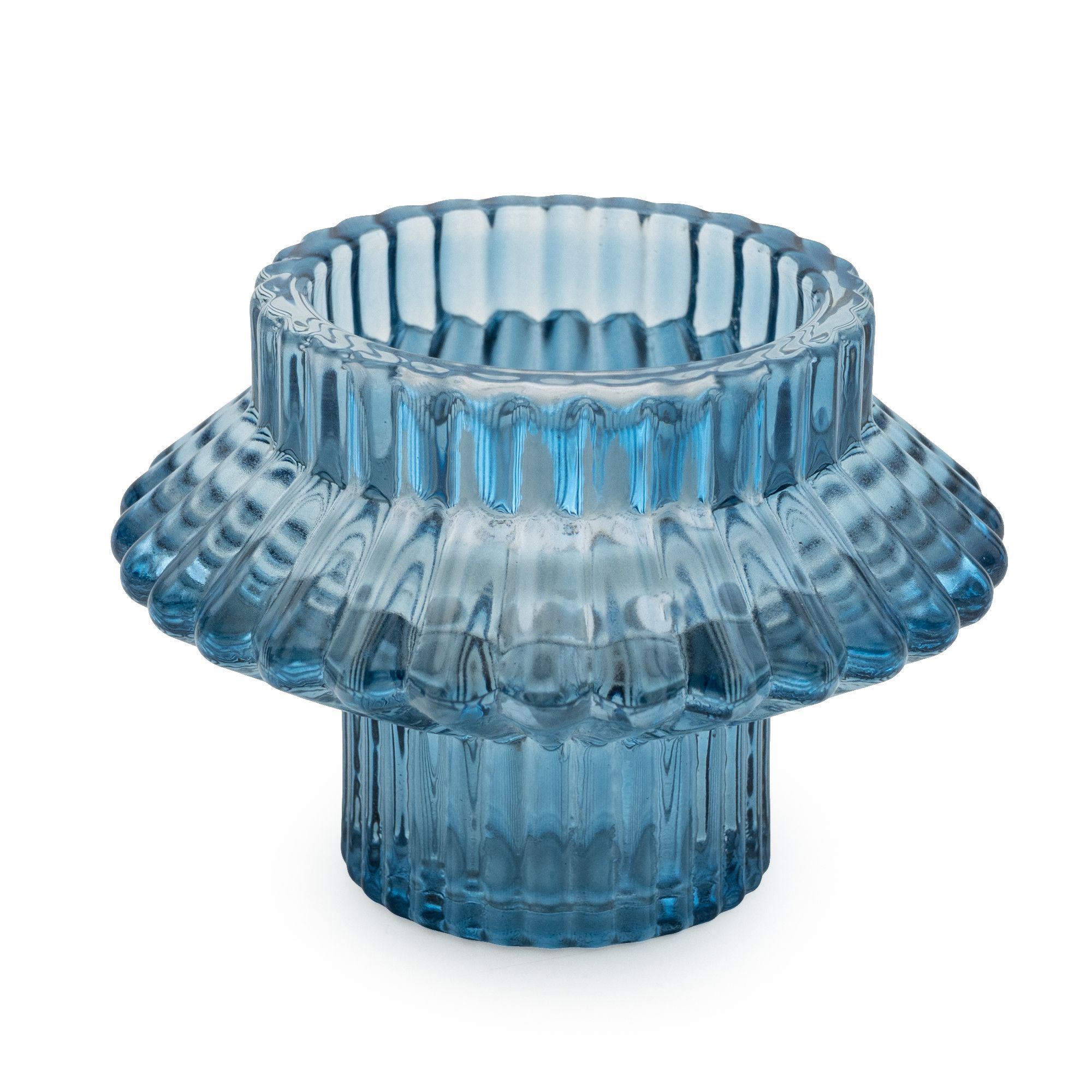 Small Blue Ribbed Glass Candle holder