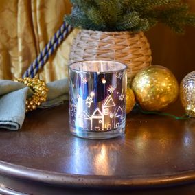 Small Silver effect Christmas Street Scene Glass Tea light holder