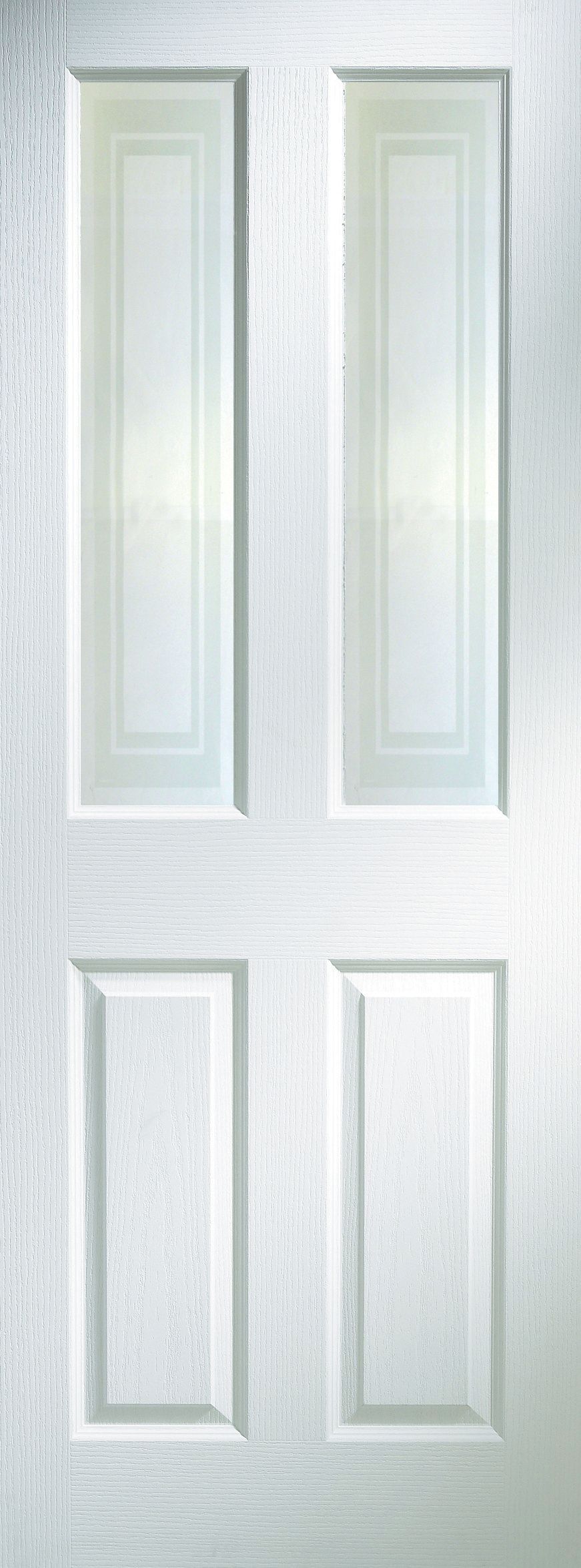 Smooth 4 panel Frosted Glazed White Woodgrain effect Internal Door, (H)1981mm (W)762mm (T)35mm