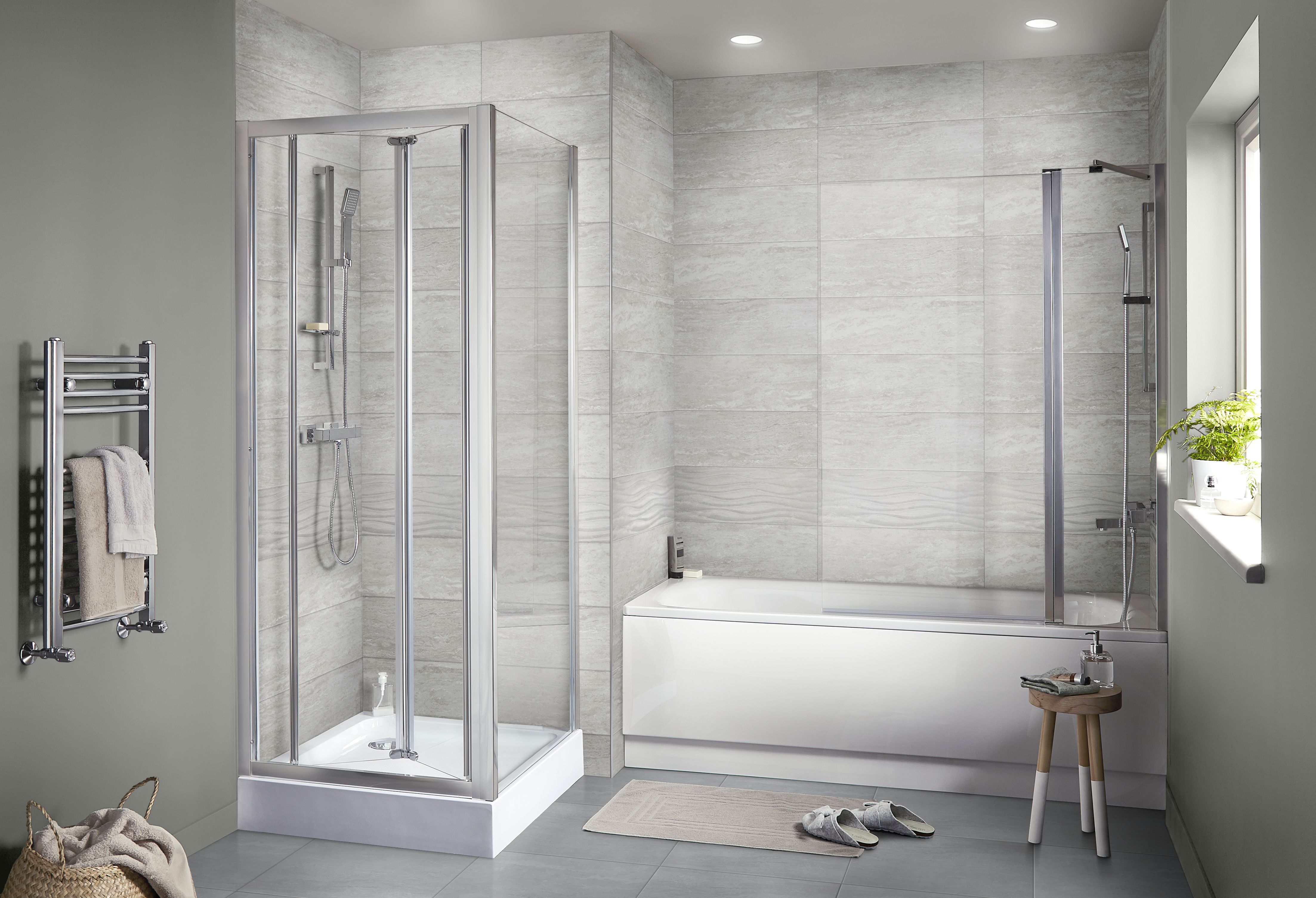 Soft travertin Light grey Gloss Stone effect Ceramic Tile, Pack of 9, (L)600mm (W)200mm