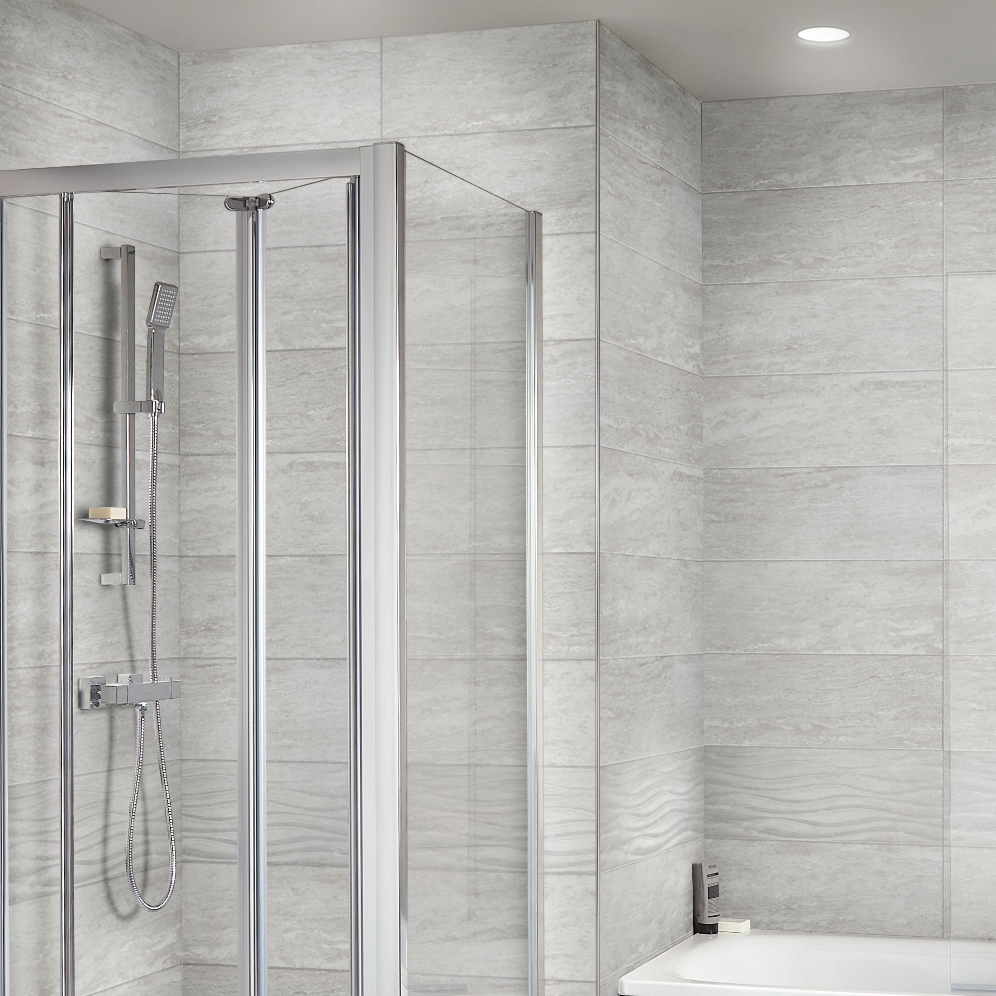 Soft travertin Light grey Gloss Stone effect Ceramic Tile, Pack of 9, (L)600mm (W)200mm