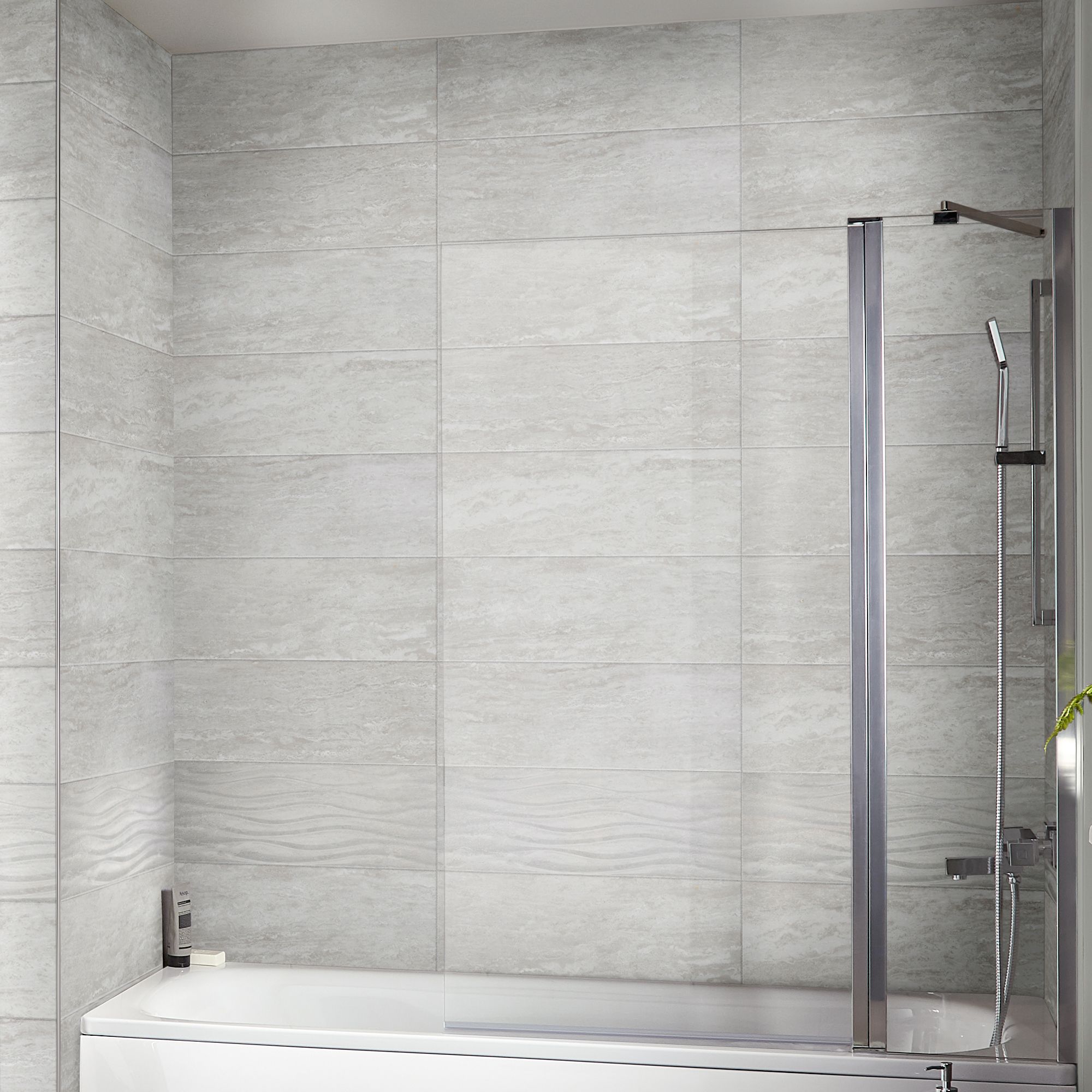 Soft travertin Light grey Gloss Stone effect Ceramic Tile, Pack of 9, (L)600mm (W)200mm
