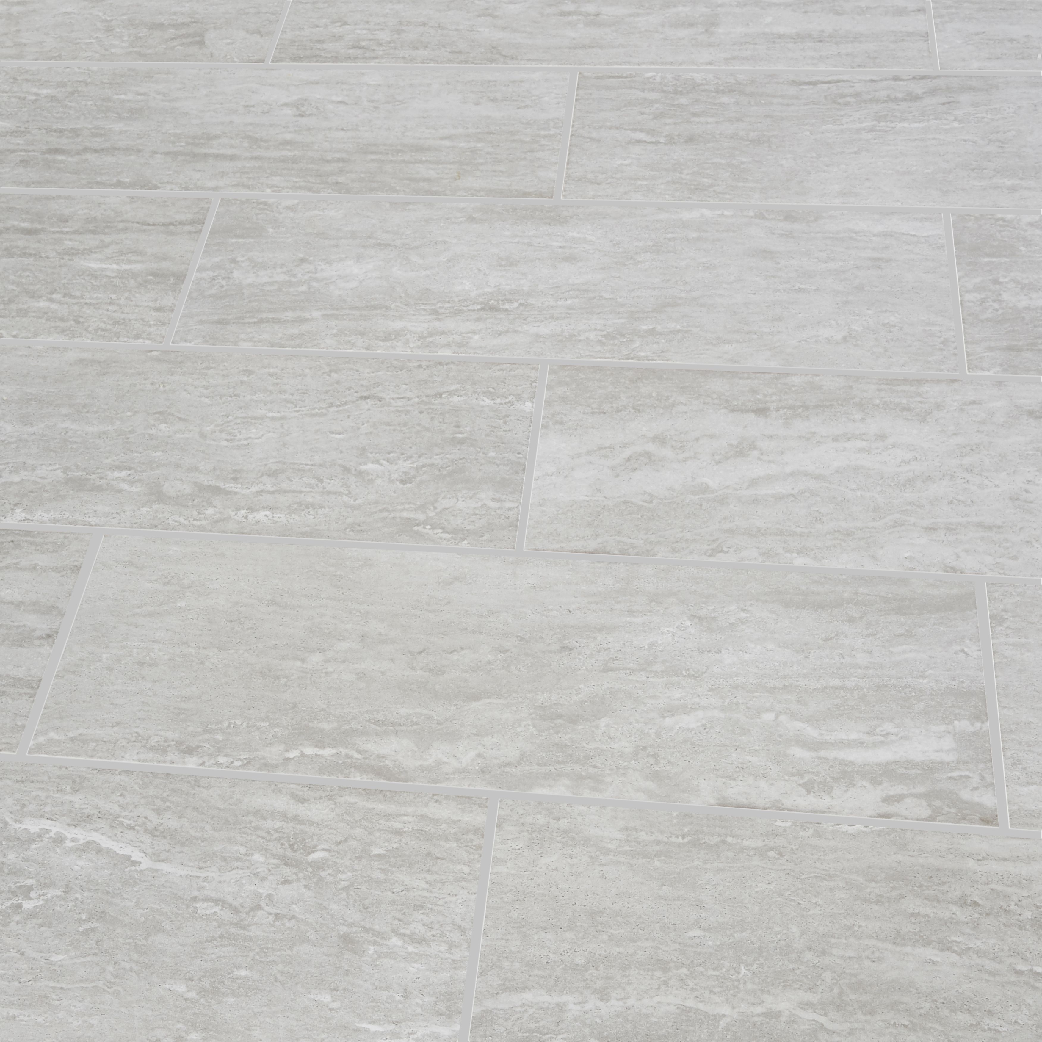 Soft travertin Light grey Gloss Stone effect Ceramic Tile, Pack of 9, (L)600mm (W)200mm