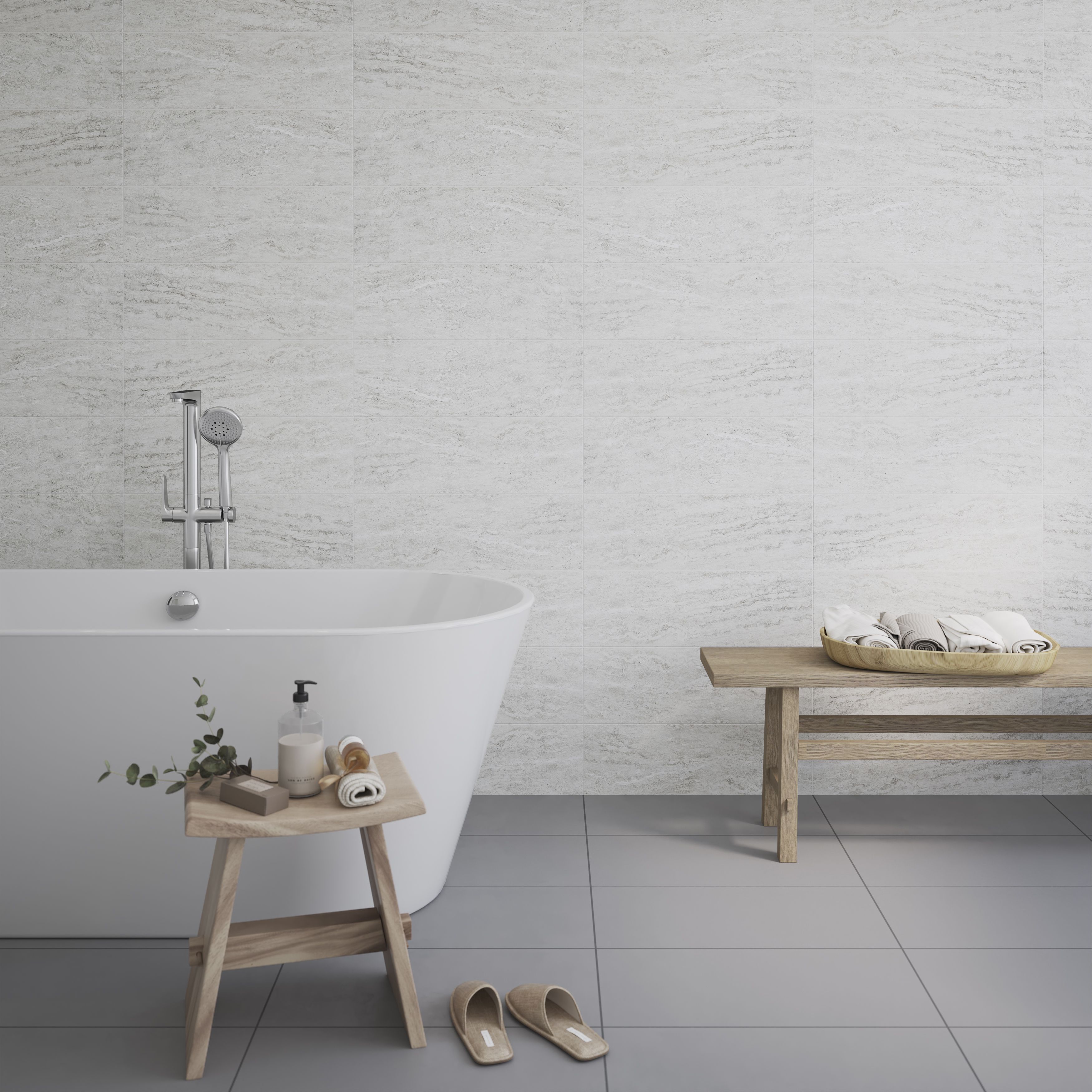 Soft travertin Light grey Matt Stone effect Ceramic Tile, Pack of 9, (L)600mm (W)200mm