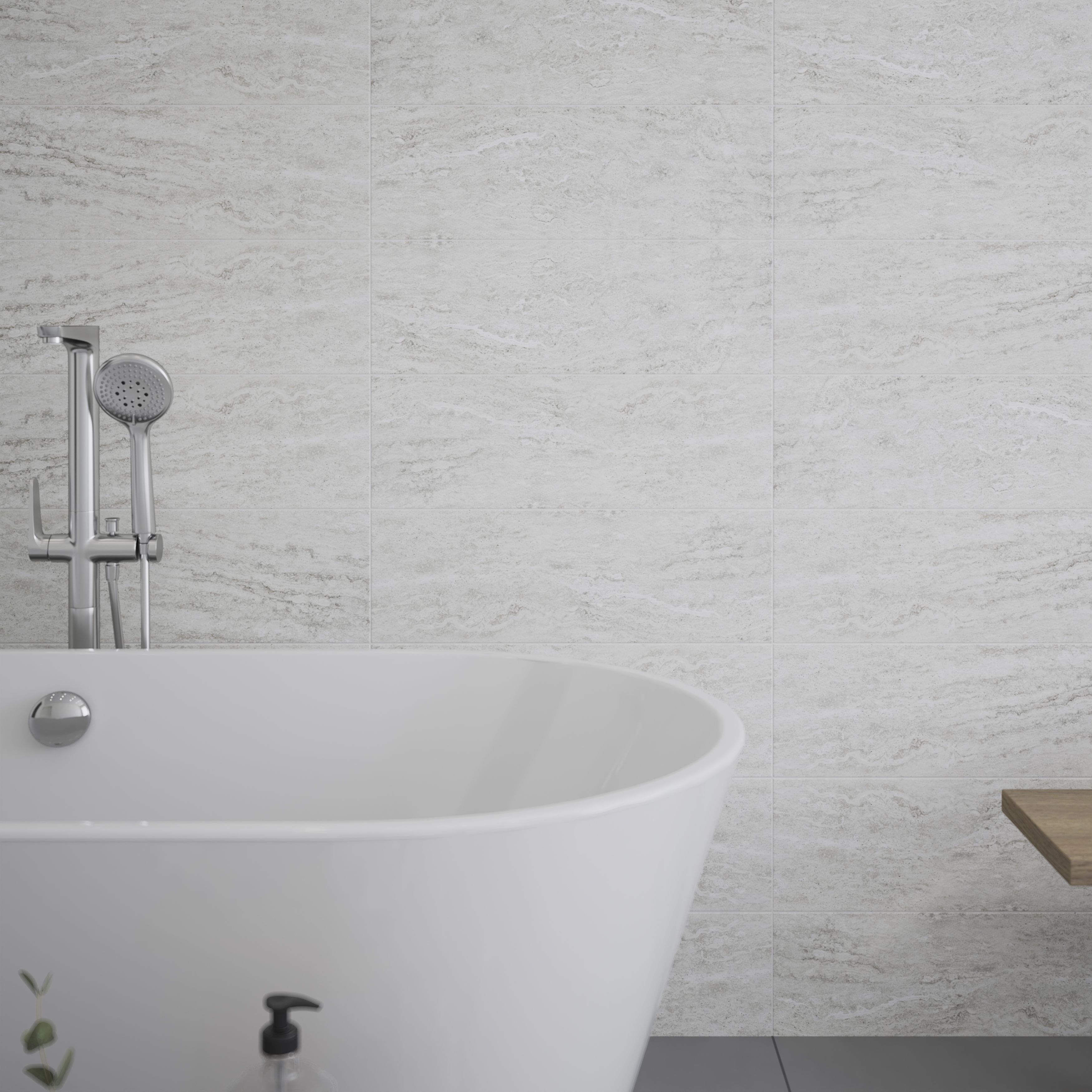 Soft travertin Light grey Matt Stone effect Ceramic Tile, Pack of 9, (L)600mm (W)200mm