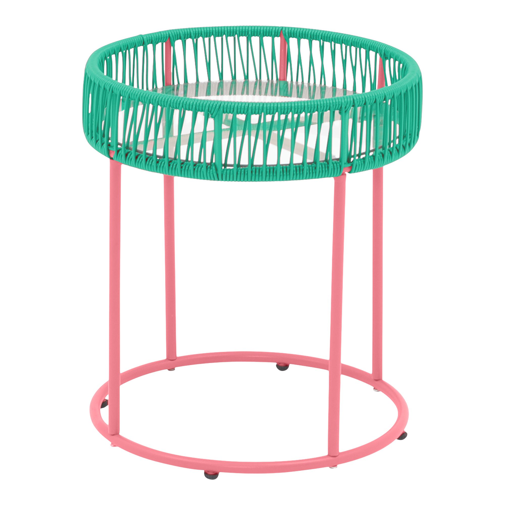 Solano Green & Pink Metal Round Side table with Glass Tabletop