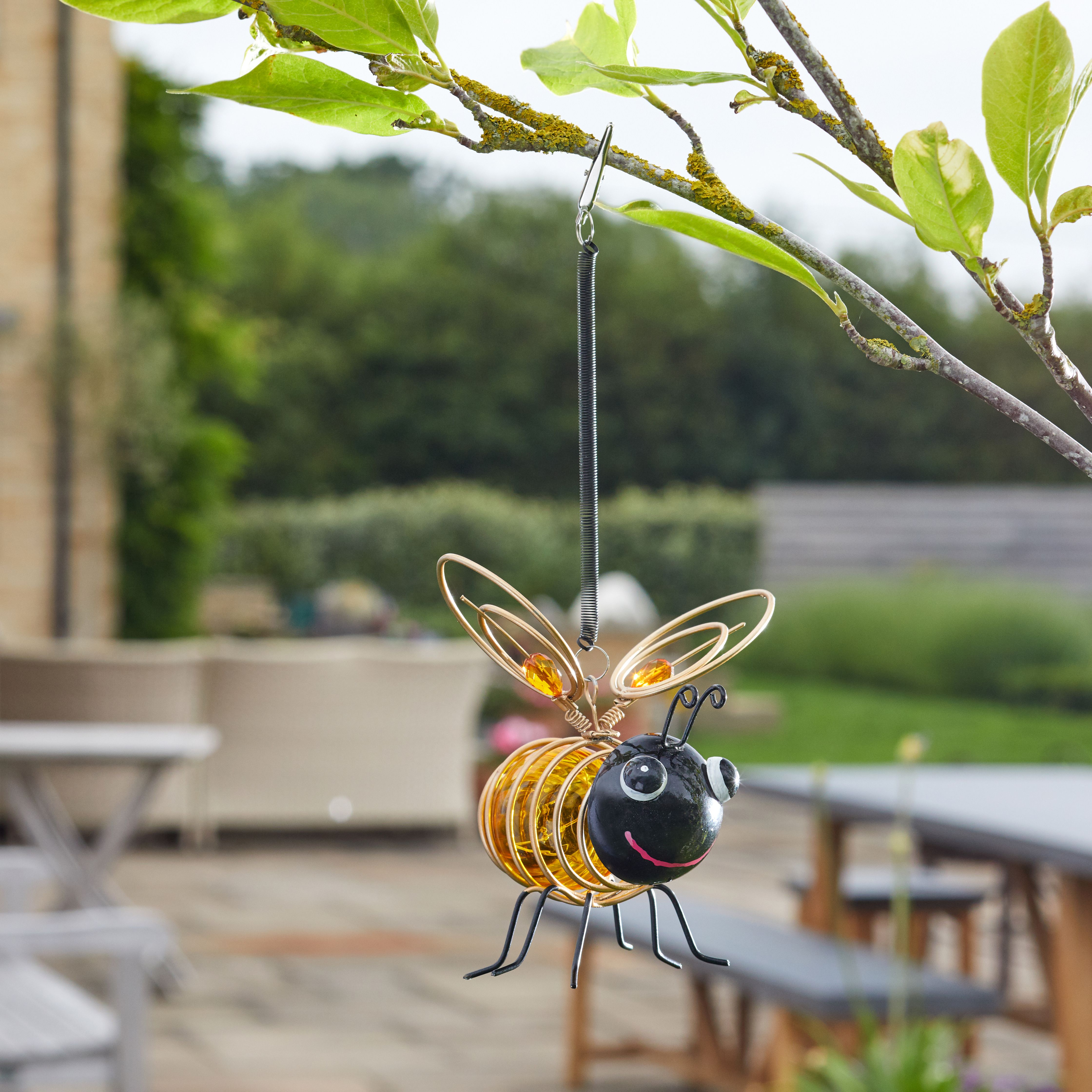 Solar Black & yellow Copper effect Bumble bee Solar-powered LED Outdoor Hanging light