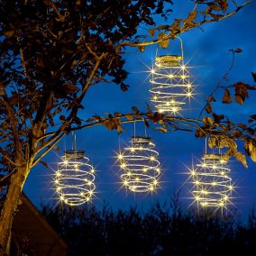 Solar Silver effect Spiral Solar-powered LED Outdoor Hanging light, Pack of 4