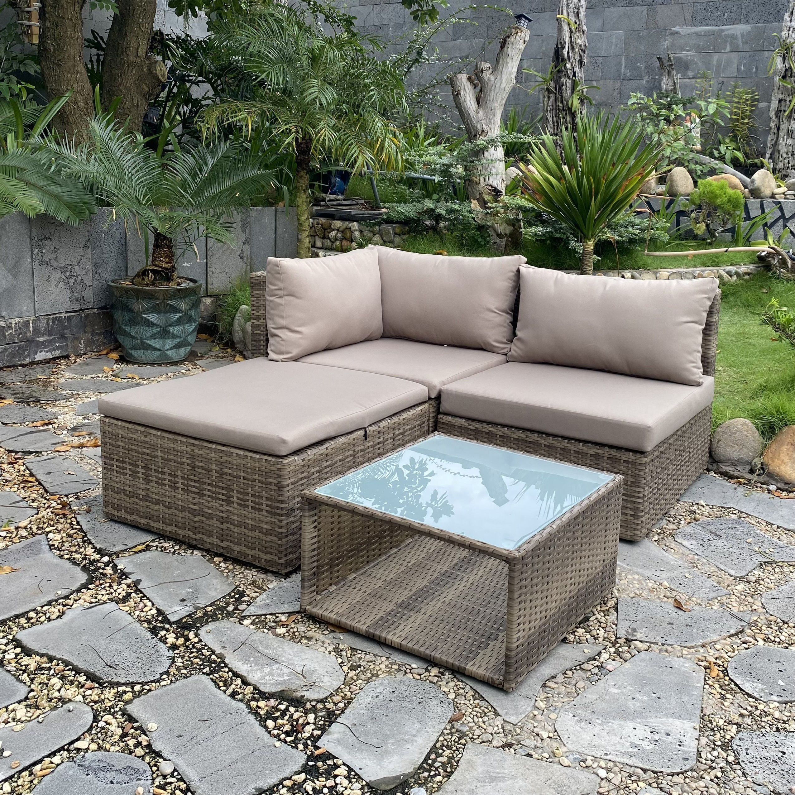 Soron Brown Rattan effect 3 Seater Coffee set