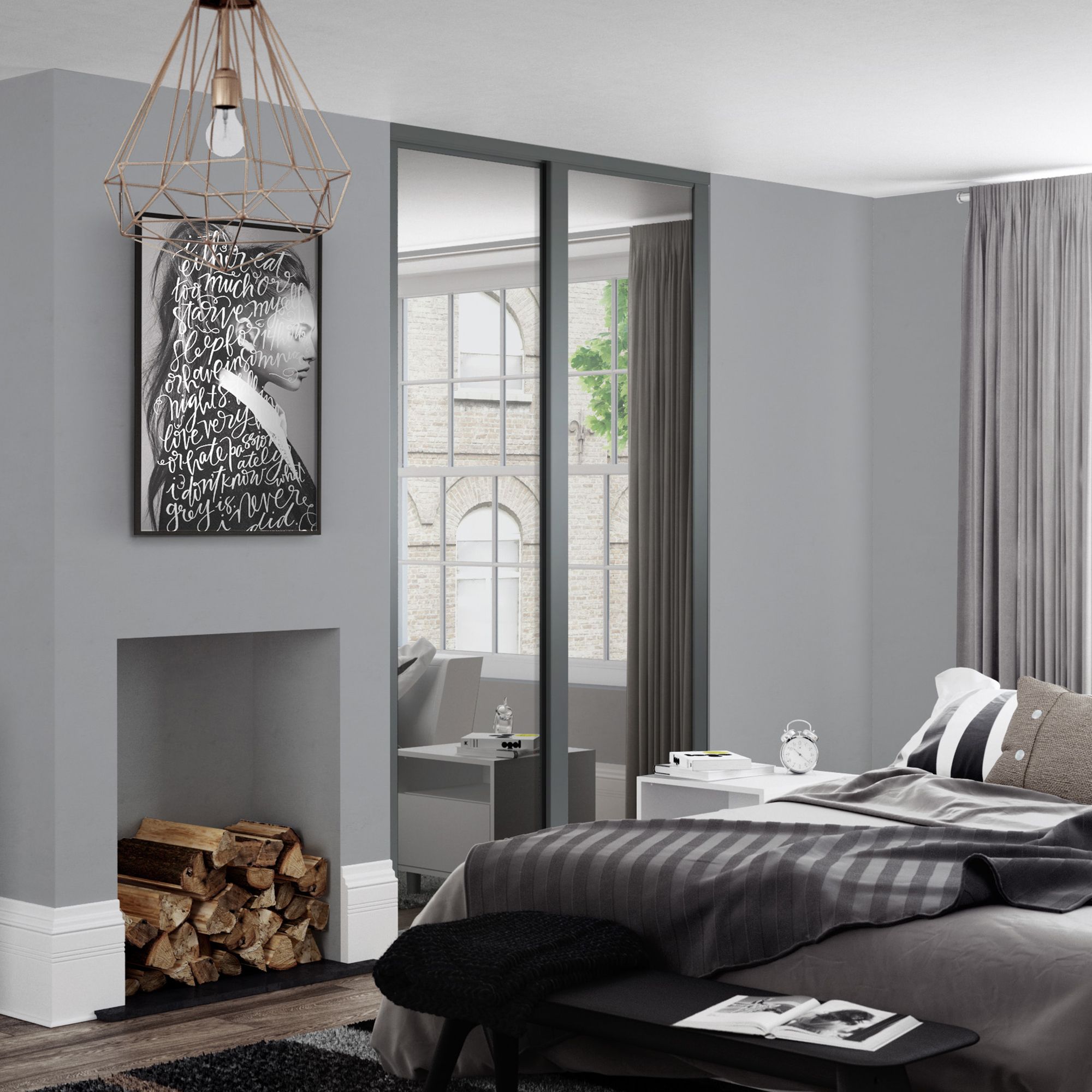 Spacepro Classic Panelled Dark Grey Single panel 1 mirror Sliding wardrobe door (H) 2220mm x (W) 914mm