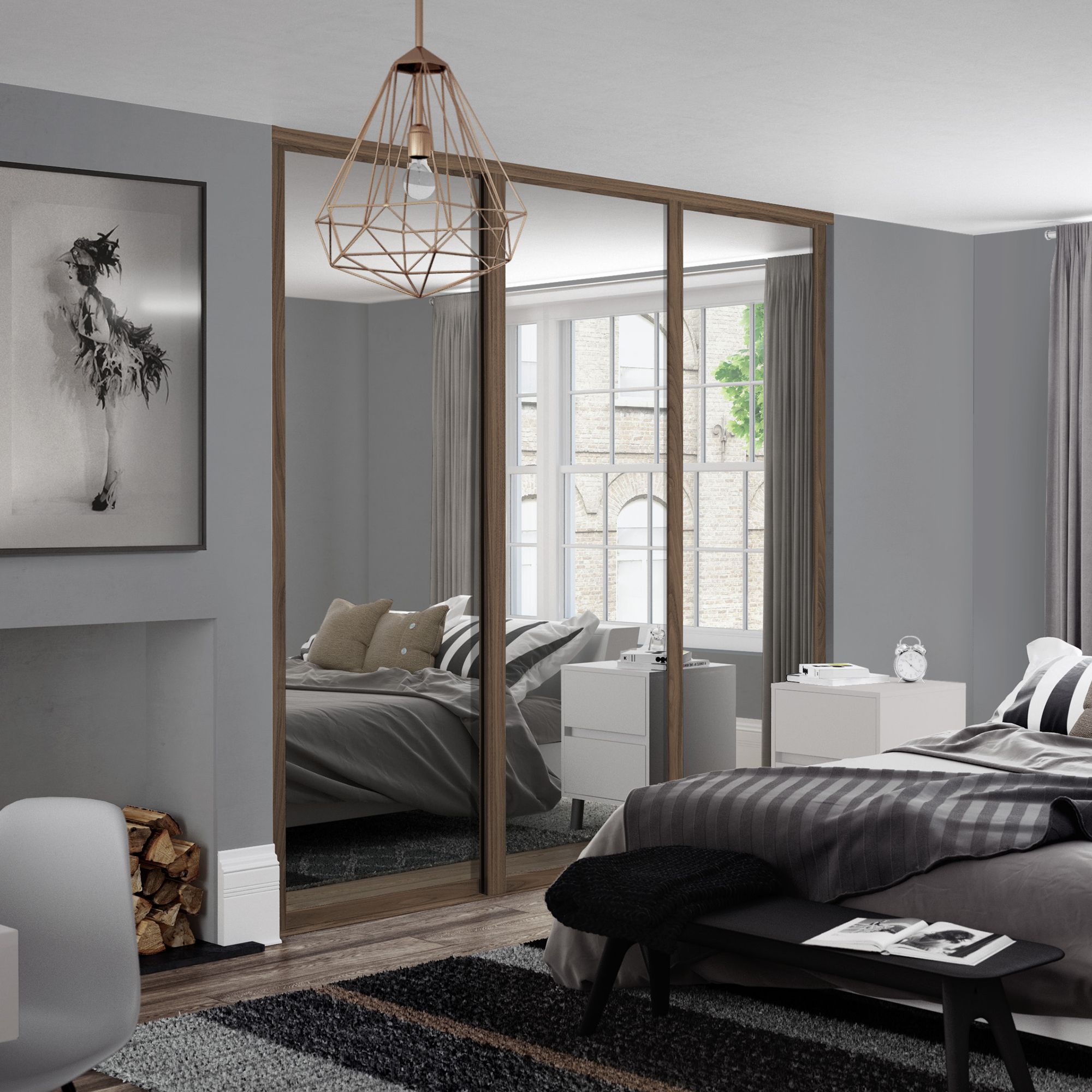 Spacepro Classic Panelled Walnut effect Single panel 1 mirror Sliding wardrobe door (H) 2220mm x (W) 762mm