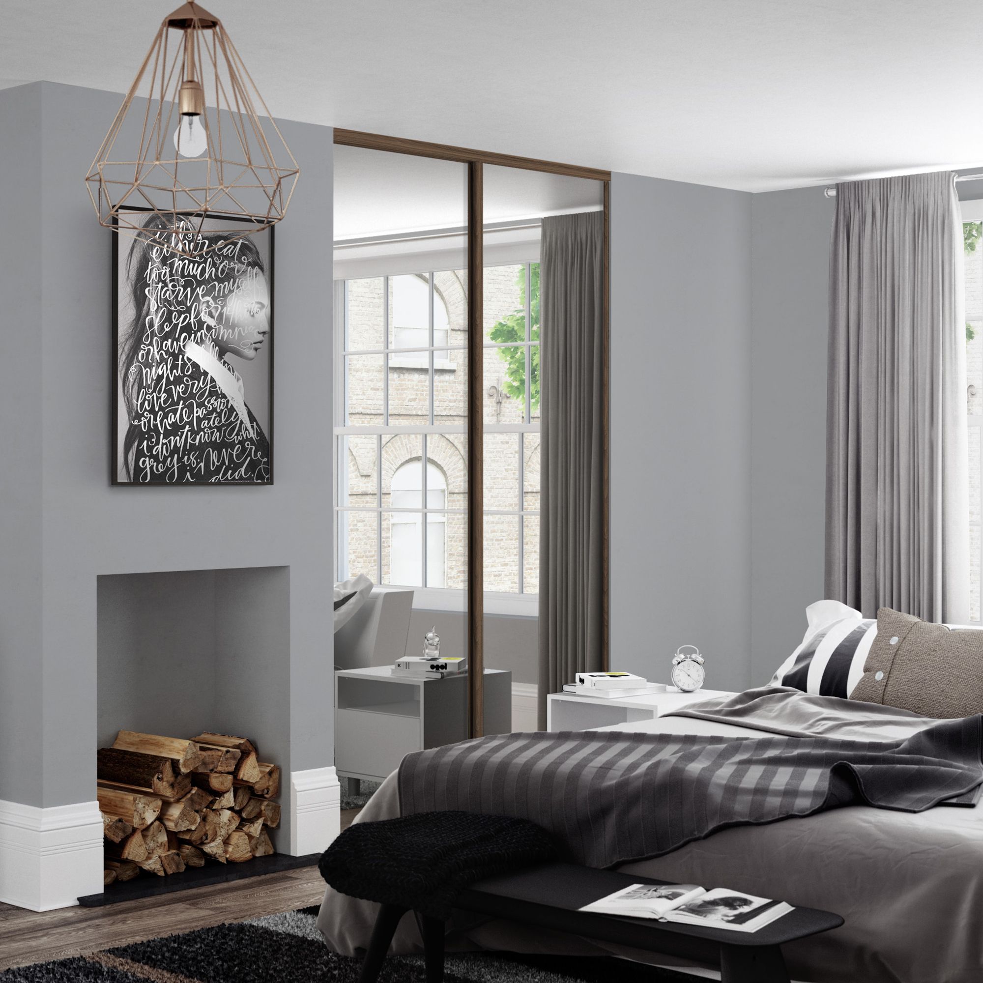 Spacepro Classic Panelled Walnut effect Single panel 2 mirror Sliding wardrobe door (H) 2220mm x (W) 914mm, Set of 2