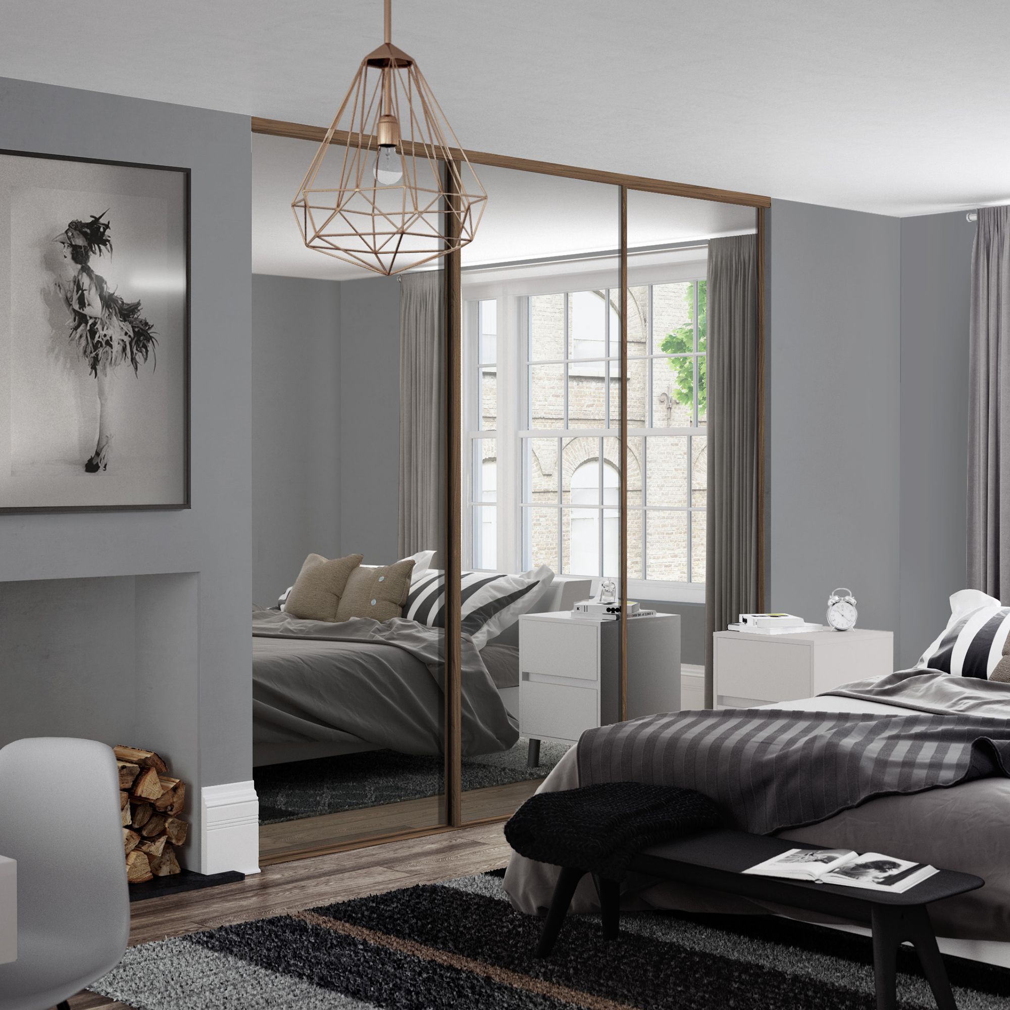 Spacepro Classic Panelled Walnut effect Single panel 3 mirror Sliding wardrobe door (H) 2220mm x (W) 914mm, Set of 3