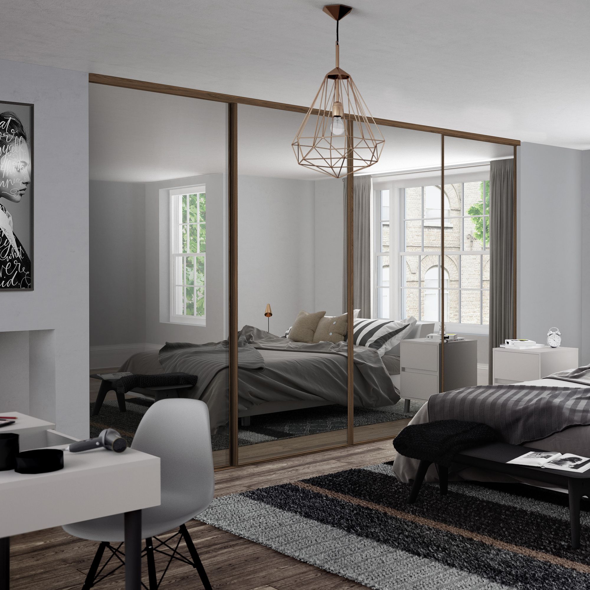 Spacepro Classic Panelled Walnut effect Single panel 4 mirror Sliding wardrobe door (H) 2220mm x (W) 762mm, Set of 4