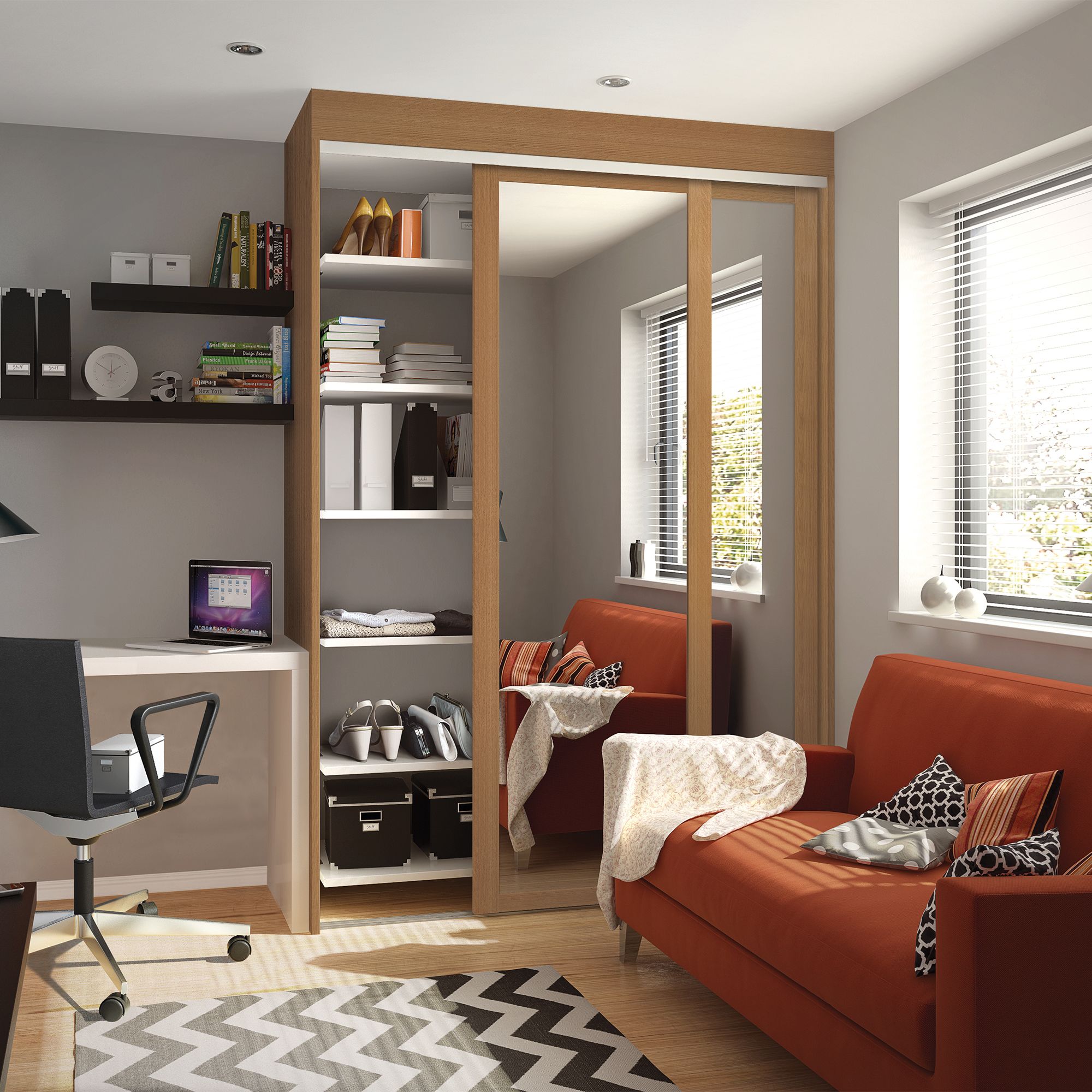Spacepro Classic Shaker Oak effect Mirrored Sliding wardrobe door (H) 2220mm x (W) 762mm