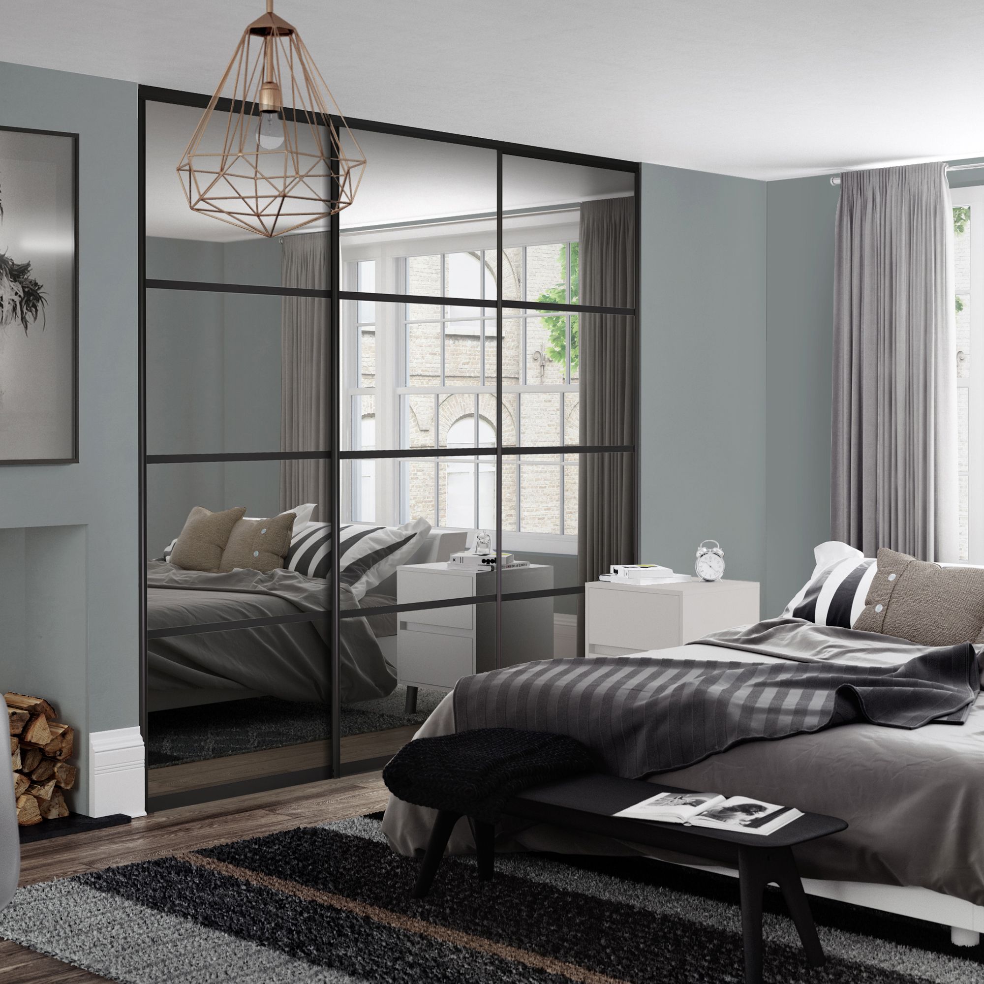 Spacepro Element Black frame 4 panel Mirrored Sliding wardrobe door, (H)2220mm (W) 914mm Set of 3
