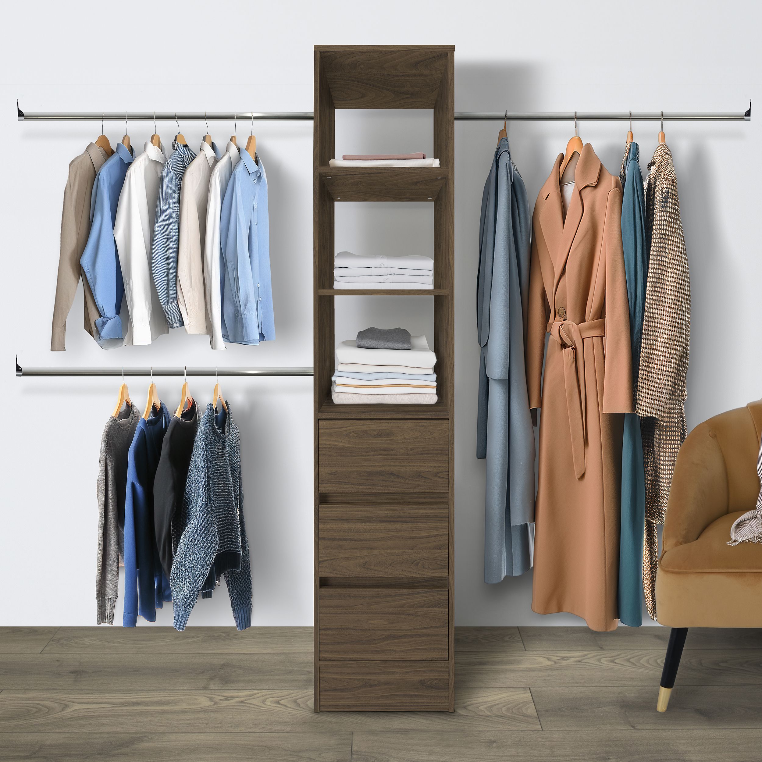 Spacepro Modular Walnut effect 3 Drawer Wardrobe cabinet (H)2100mm (W)450mm (D)500mm