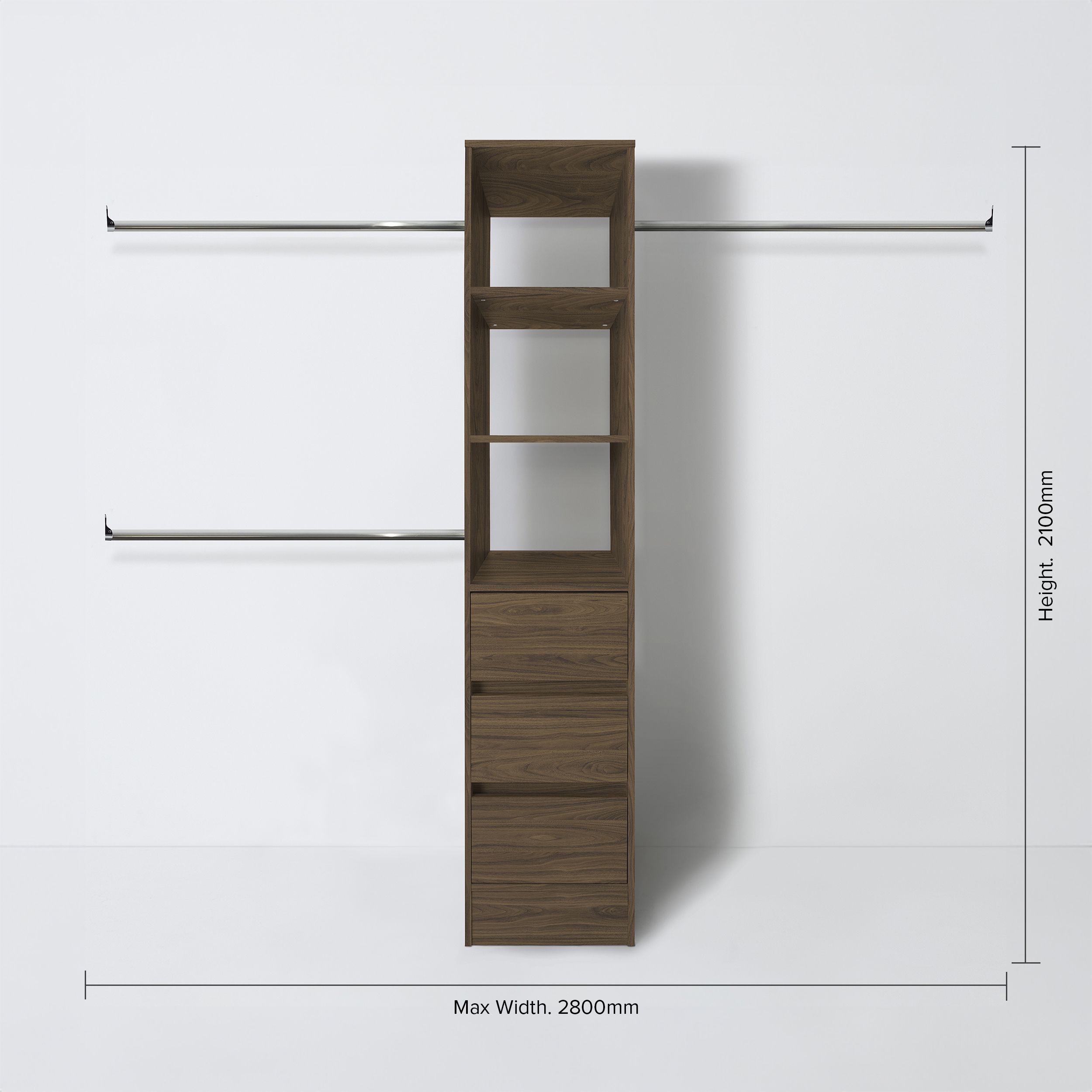 Spacepro Modular Walnut effect 3 Drawer Wardrobe cabinet (H)2100mm (W)450mm (D)500mm