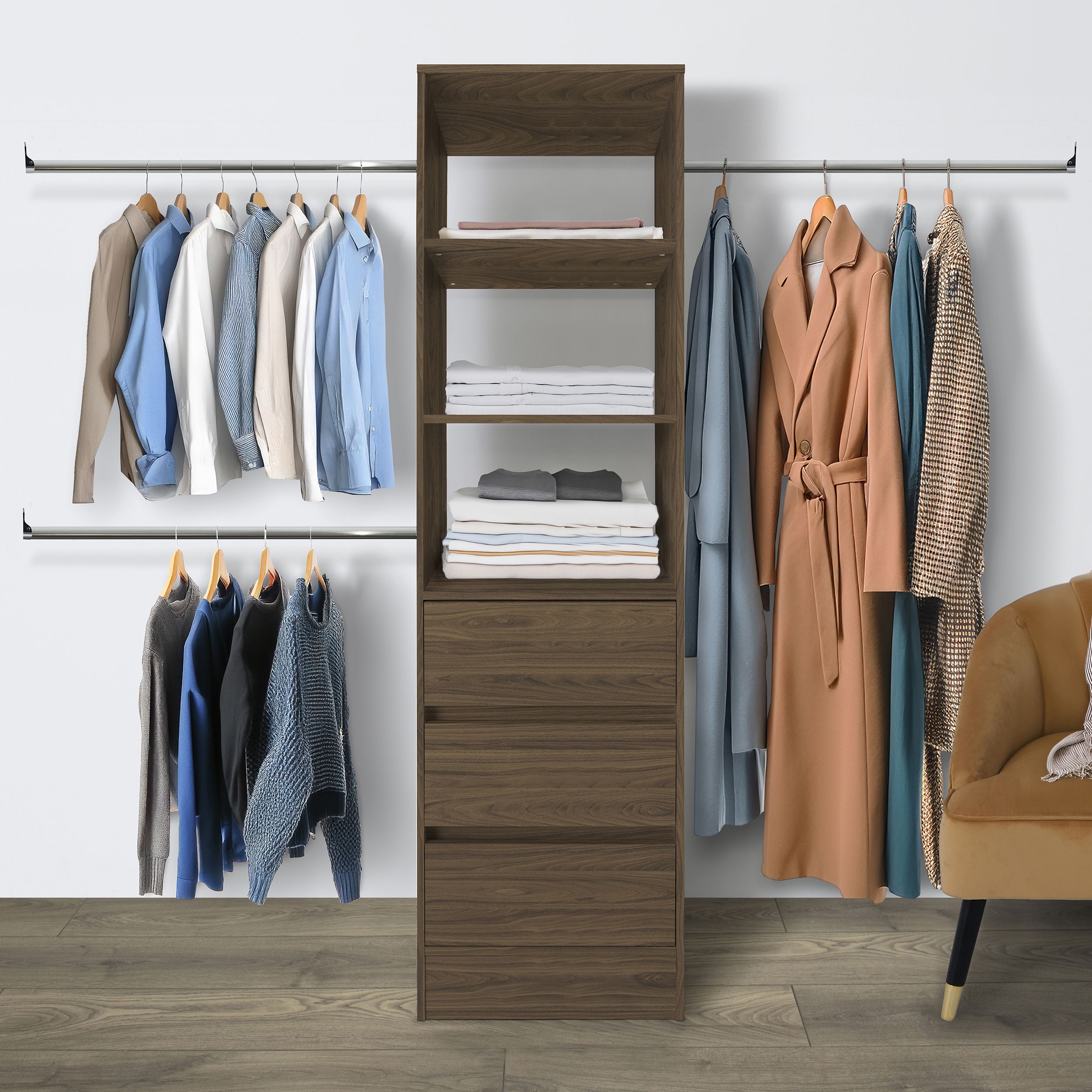 Spacepro Modular Walnut effect 3 Drawer Wardrobe cabinet (H)2100mm (W)600mm (D)500mm