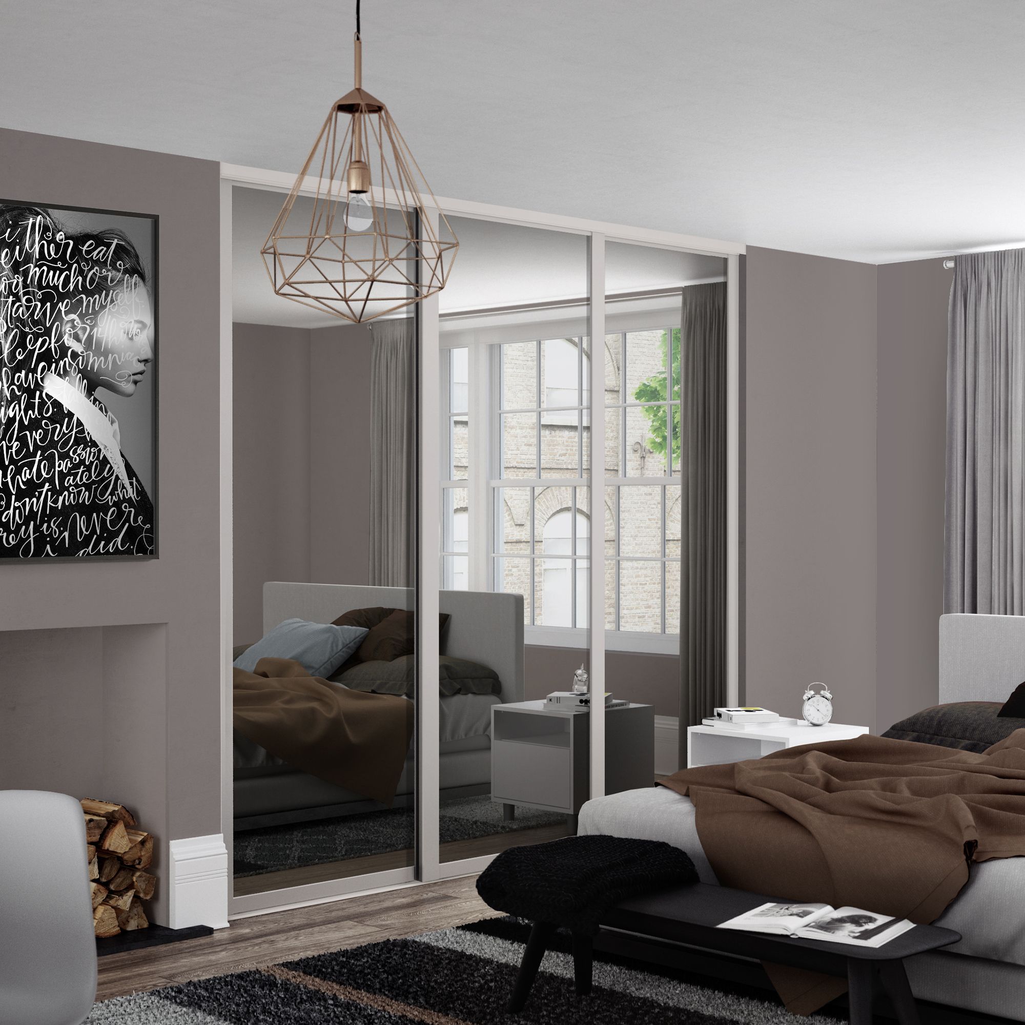 Spacepro Shaker Cashmere Single panel Mirrored Sliding wardrobe door (H) 226mm x (W) 762mm