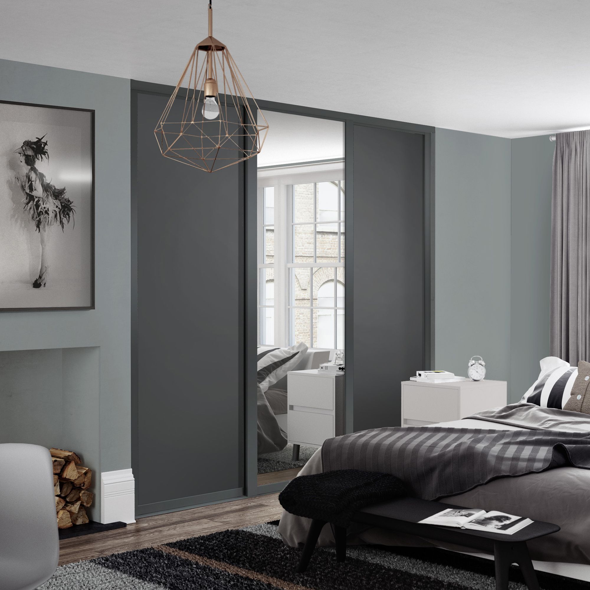 Spacepro Shaker Dark Grey Single panel 1 mirror Sliding wardrobe door (H) 2220mm x (W) 762mm, Set of 3