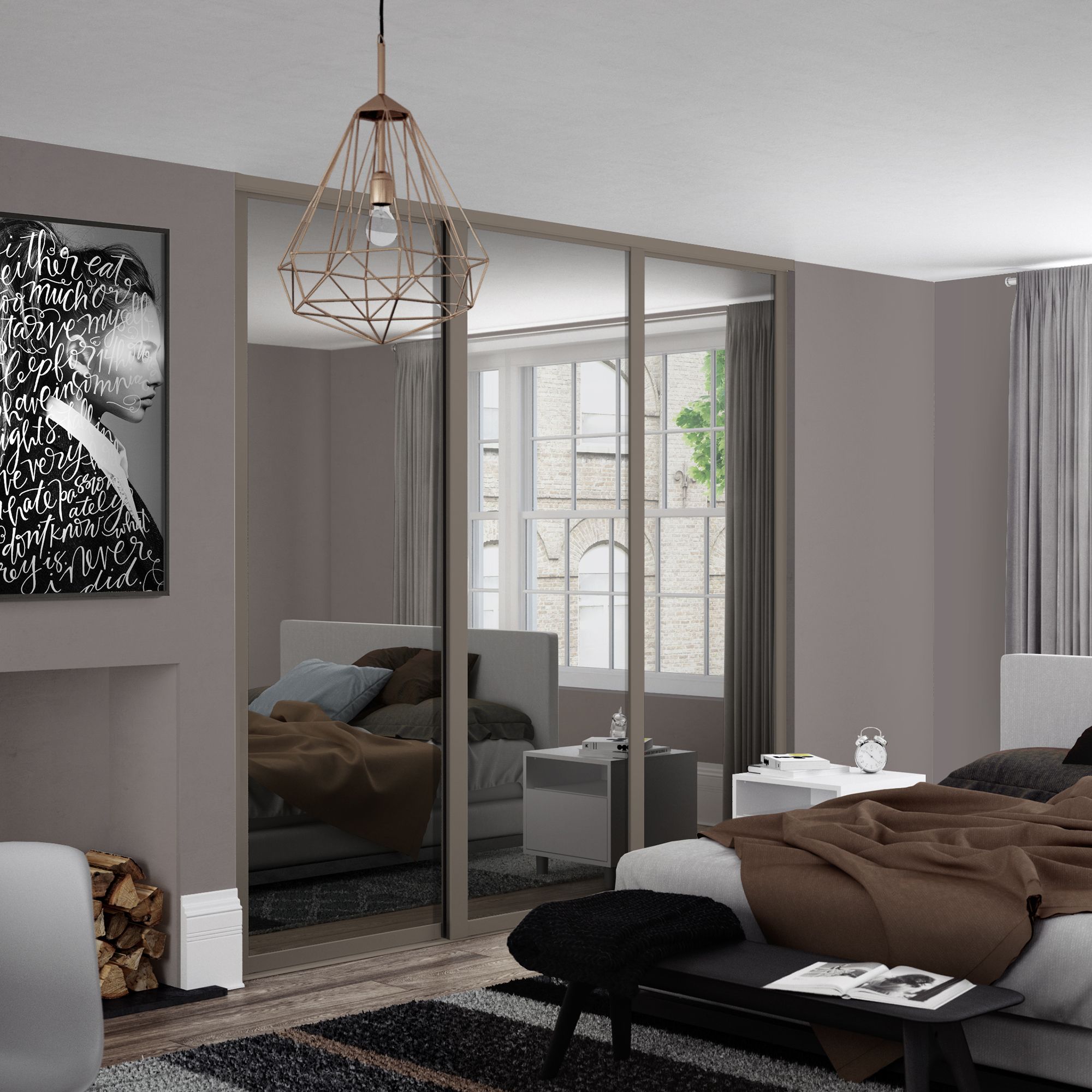 Spacepro Shaker Stone grey Single panel Mirrored Sliding wardrobe door (H) 226mm x (W) 762mm