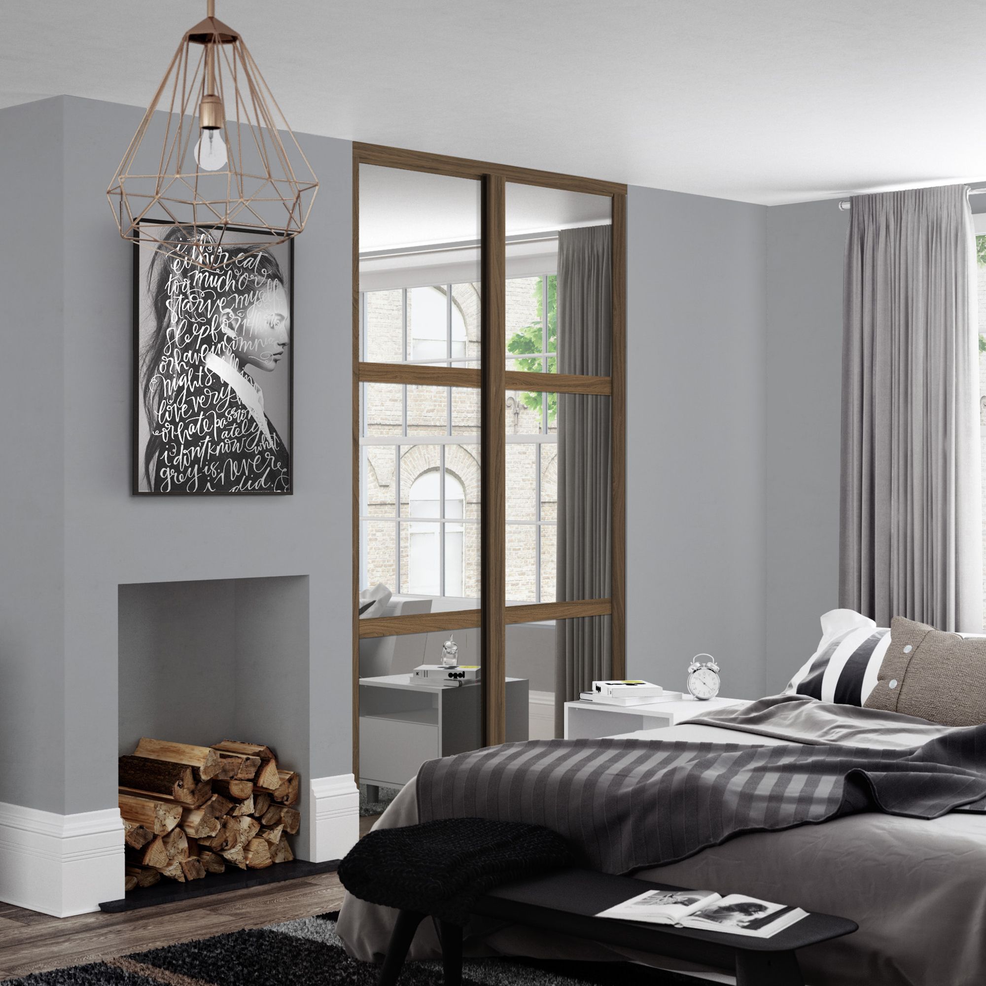 Spacepro Shaker Walnut effect 3 panel 2 mirror Sliding wardrobe door (H) 2220mm x (W) 762mm, Set of 2