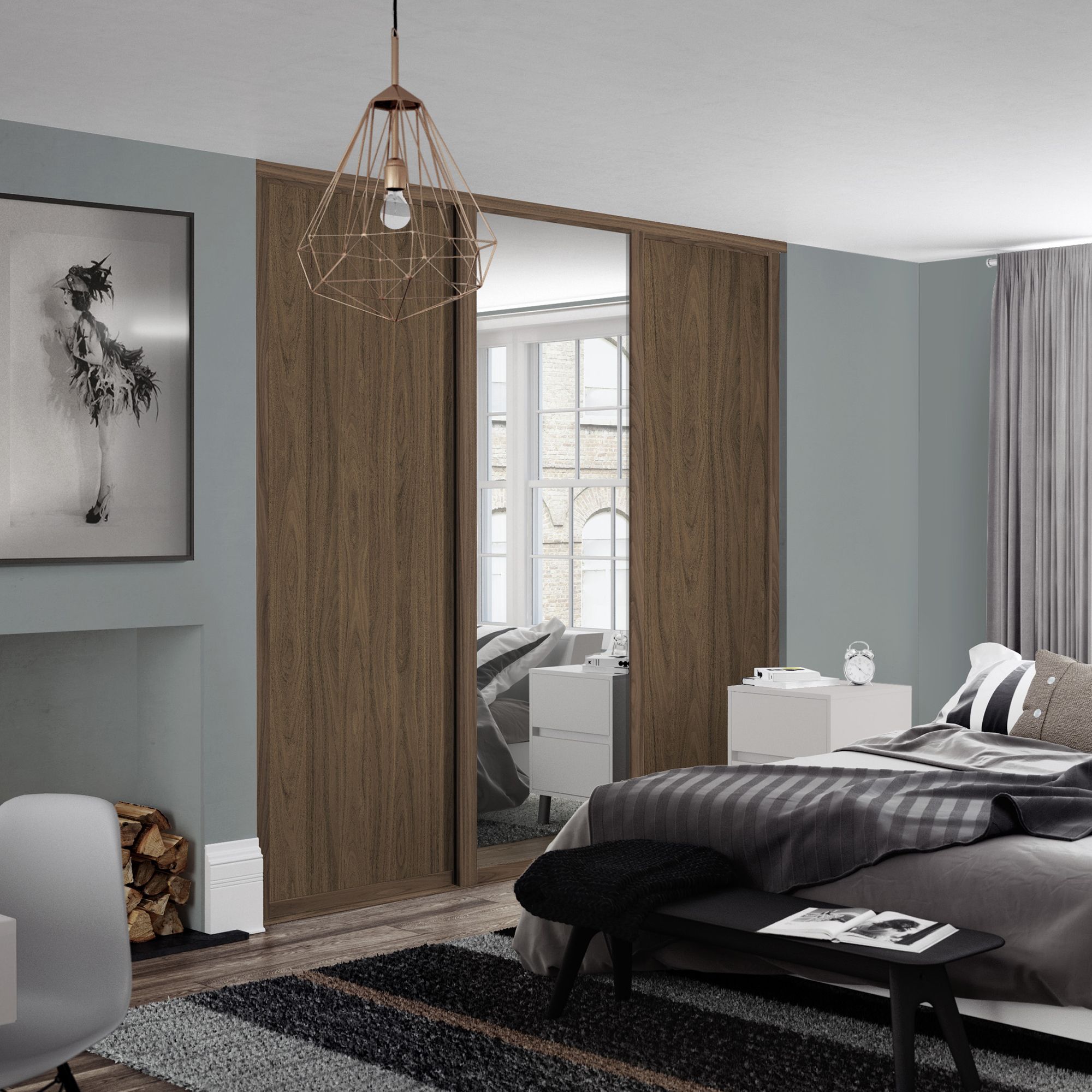 Spacepro Shaker Walnut effect Single panel 1 mirror Sliding wardrobe door (H) 2220mm x (W) 610mm, Set of 3