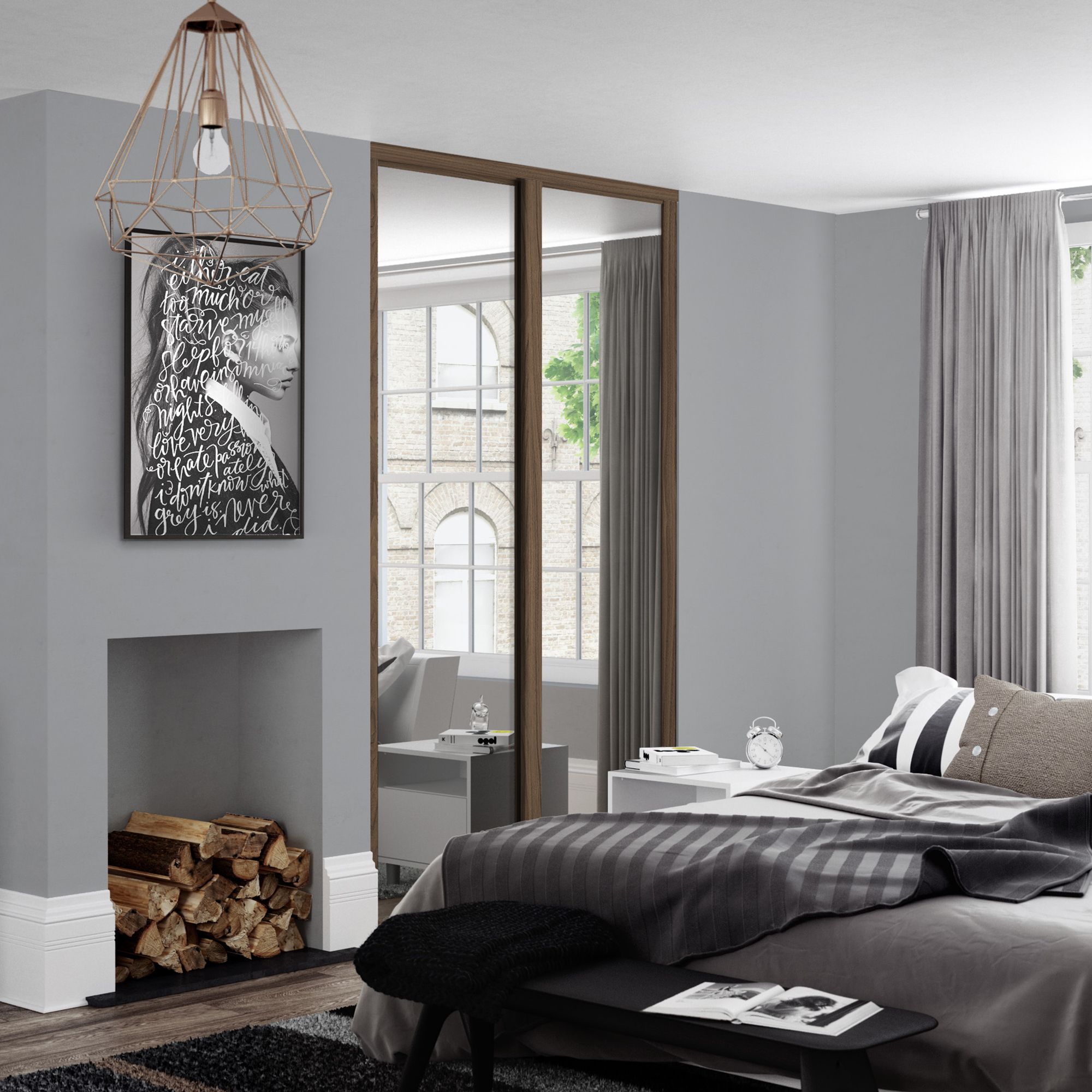 Spacepro Shaker Walnut effect Single panel 2 mirror Sliding wardrobe door (H) 2220mm x (W) 762mm, Set of 2