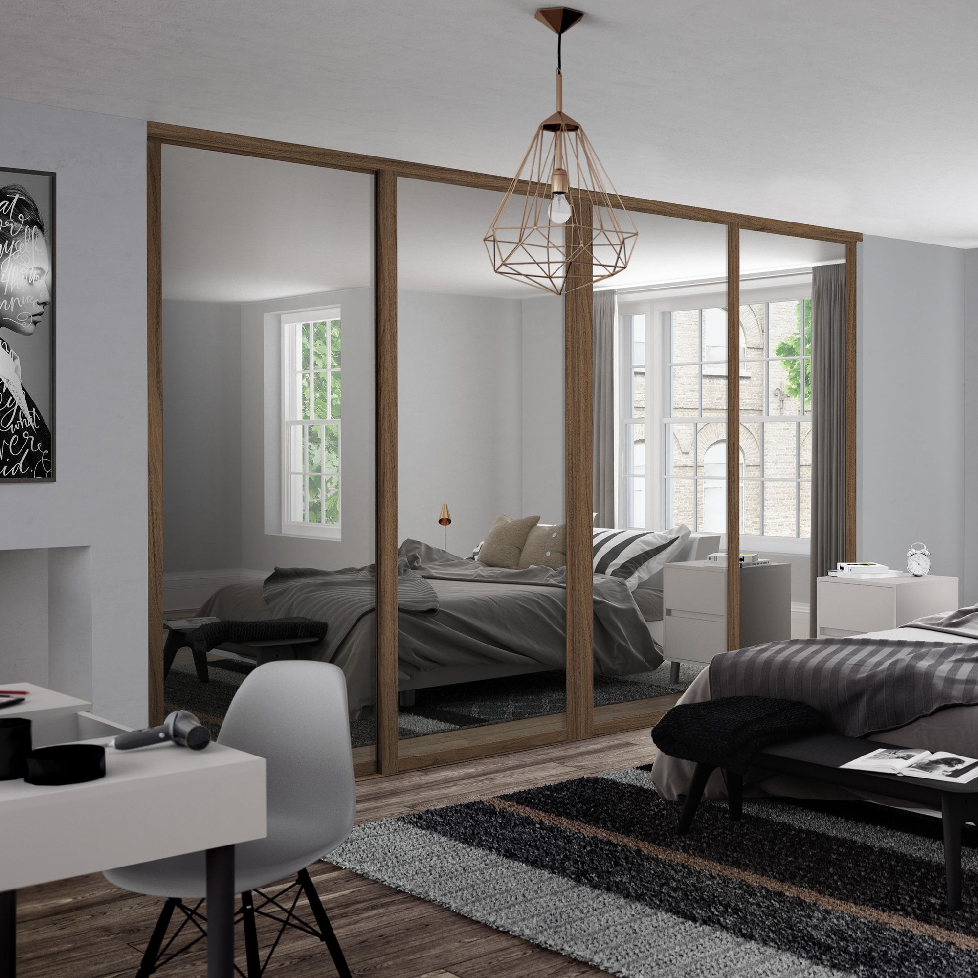 Spacepro Shaker Walnut effect Single panel 4 mirror Sliding wardrobe door (H) 2220mm x (W) 914mm, Set of 4