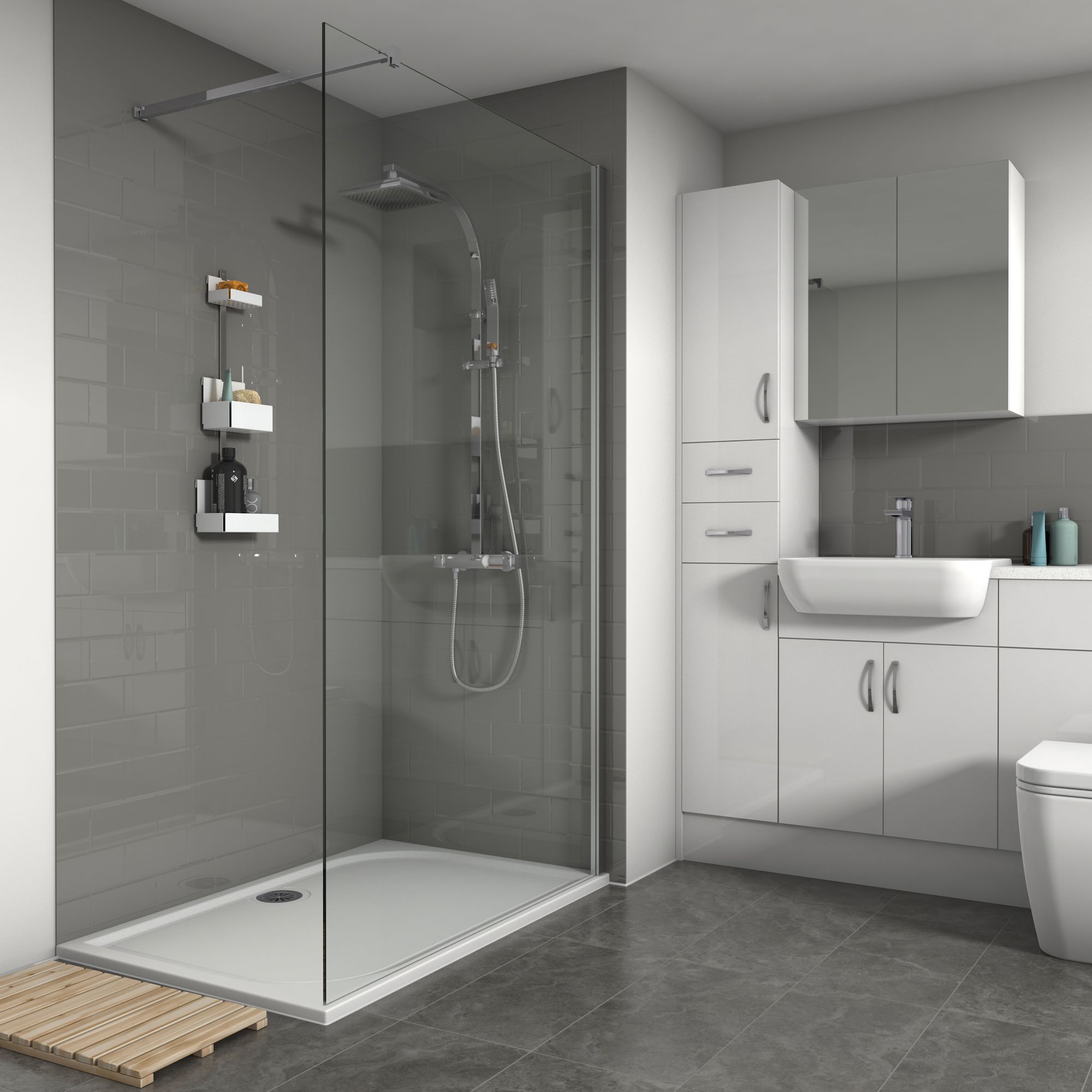 Splashwall 3 panel Composite Wall panel kit (L)1200mm (W)2420mm - Grey Tile effect