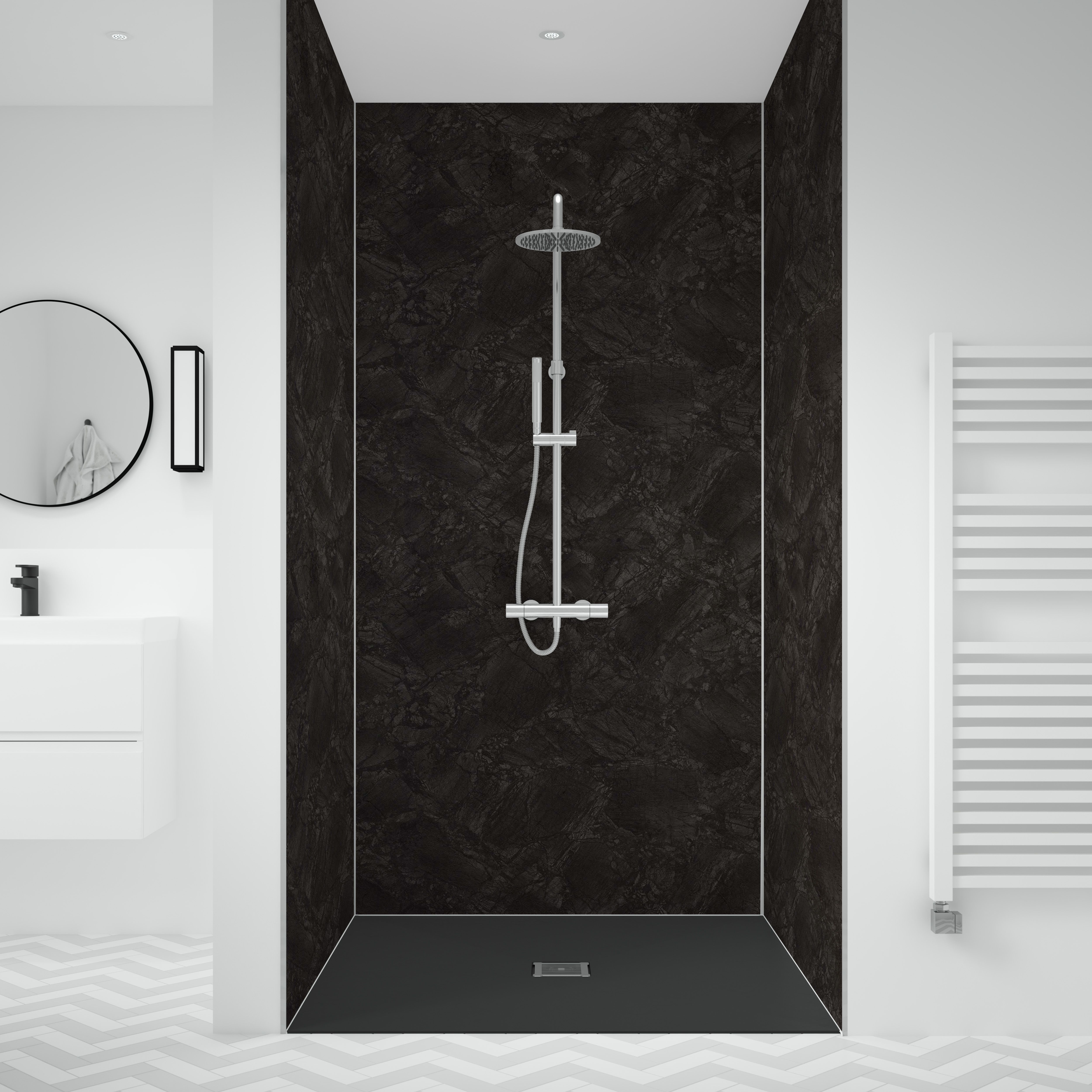 Splashwall 3 panel Laminate Bathroom & wet room Decorative panel kit (L)2420mm (W)1200mm - Raja Black Stone effect
