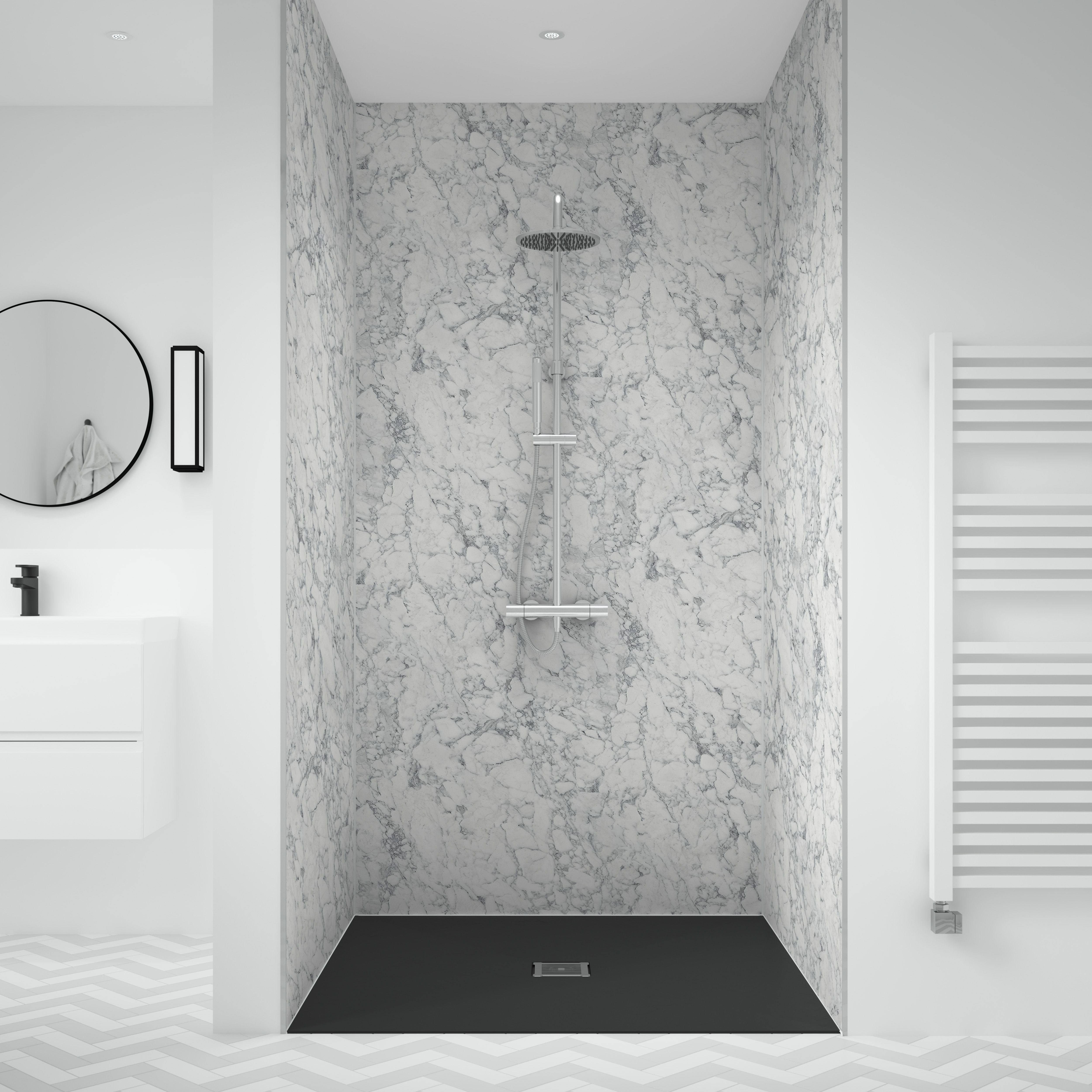 Splashwall 3 panel Laminate Bathroom & wet room Decorative panel kit (L)2420mm (W)1200mm - White Cararra marble effect