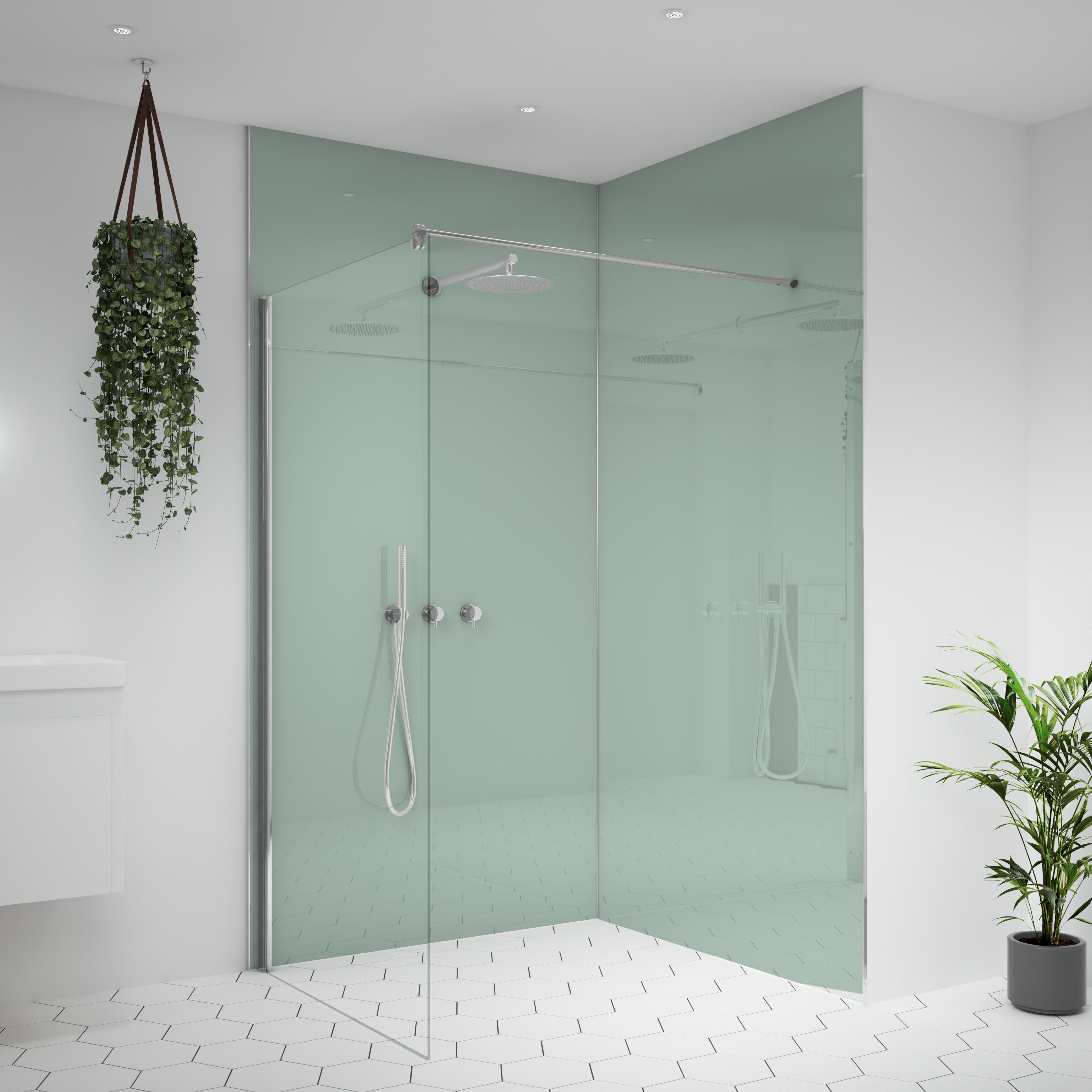 Splashwall Alloy 2 panel Aluminium Double-sided Bathroom & wet room Decorative panel kit (L)2440mm (W)1220mm - Terra grey & Seabreeze green