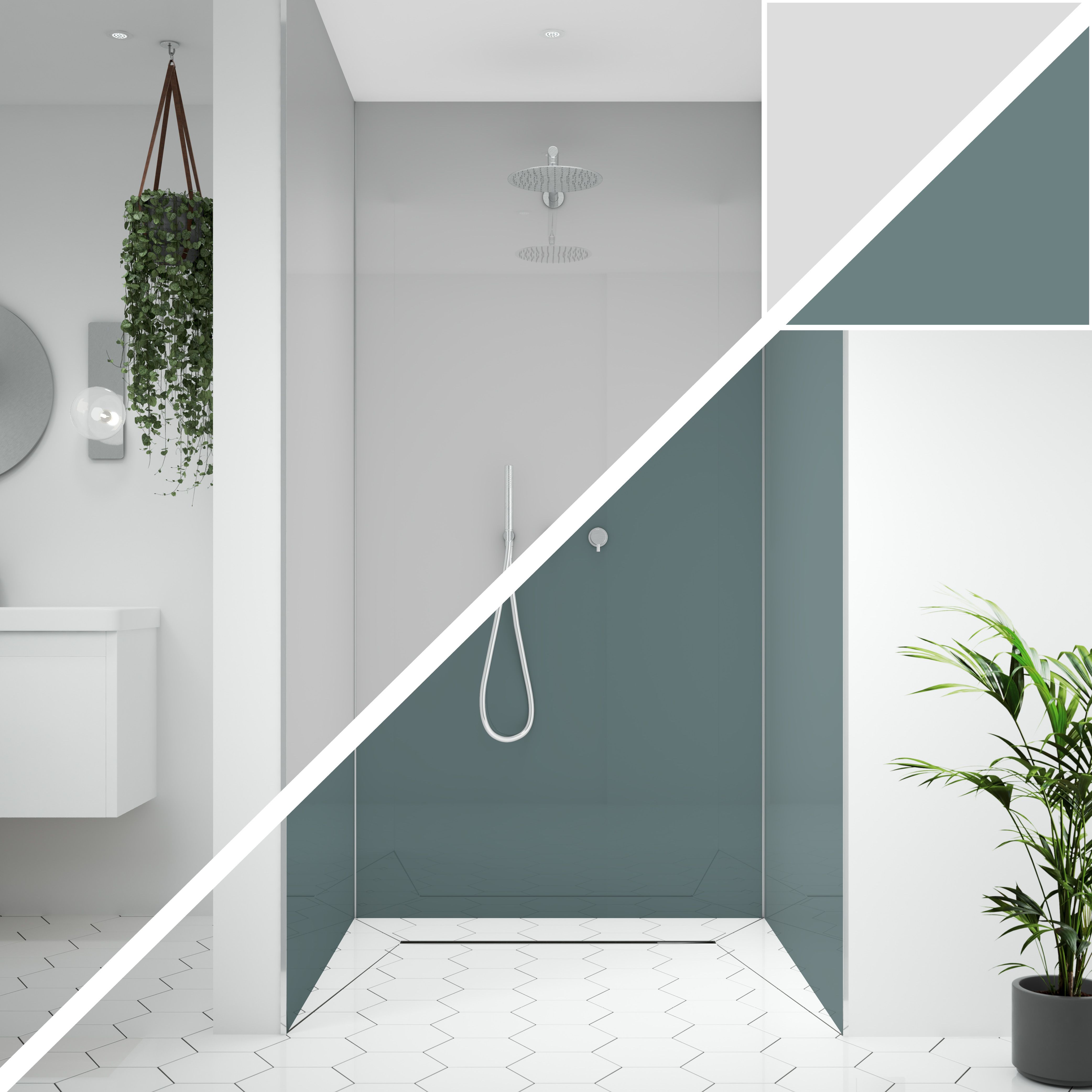 Splashwall Alloy 3 panel Aluminium Double-sided Bathroom & wet room Decorative panel kit (L)2440mm (W)1220mm - Glacier White & Neptune blue