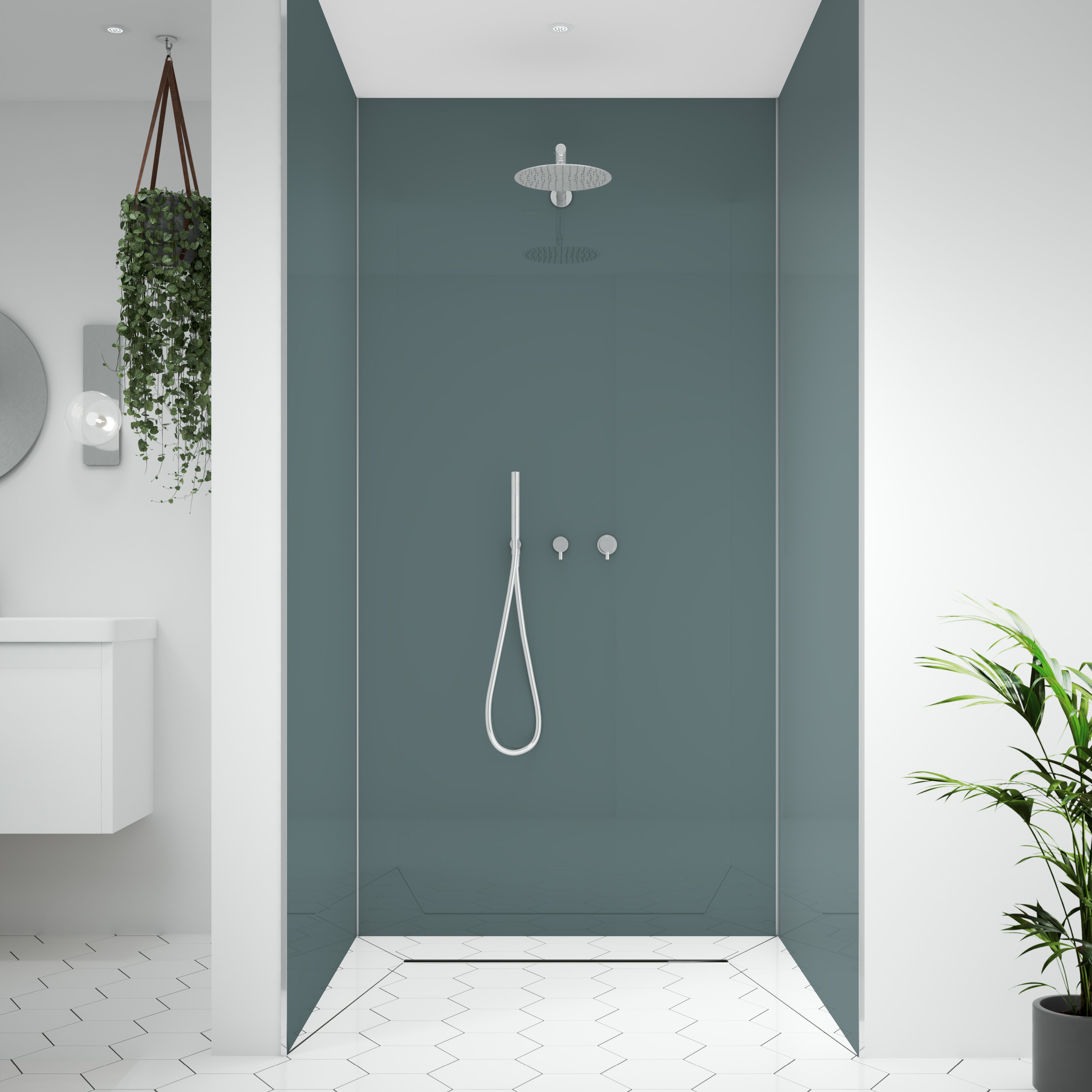 Splashwall Alloy 3 panel Aluminium Double-sided Bathroom & wet room Decorative panel kit (L)2440mm (W)1220mm - Glacier White & Neptune blue