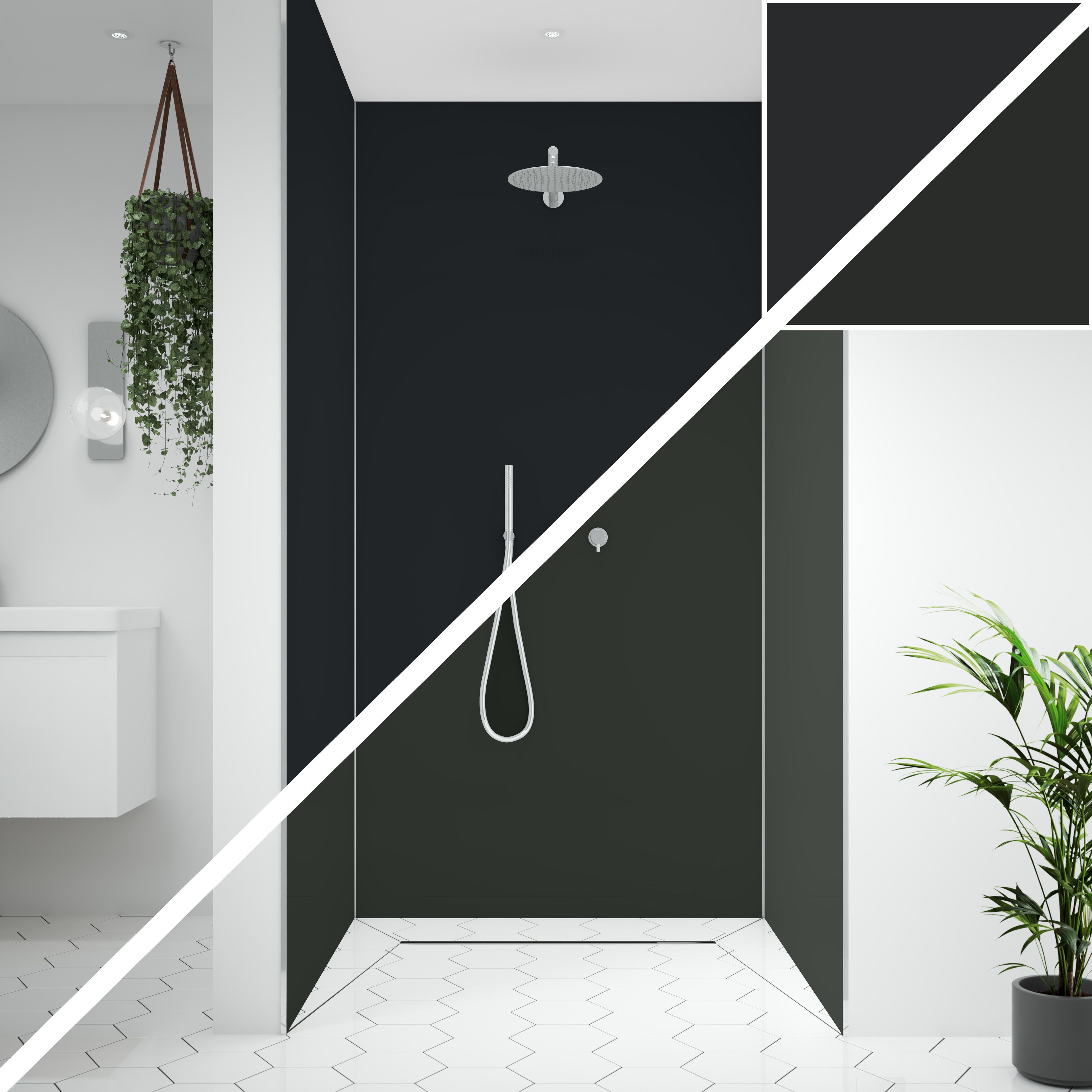 Splashwall Alloy 3 panel Aluminium Double-sided Bathroom & wet room Decorative panel kit (L)2440mm (W)1220mm - Midnight grey & Hadrian green