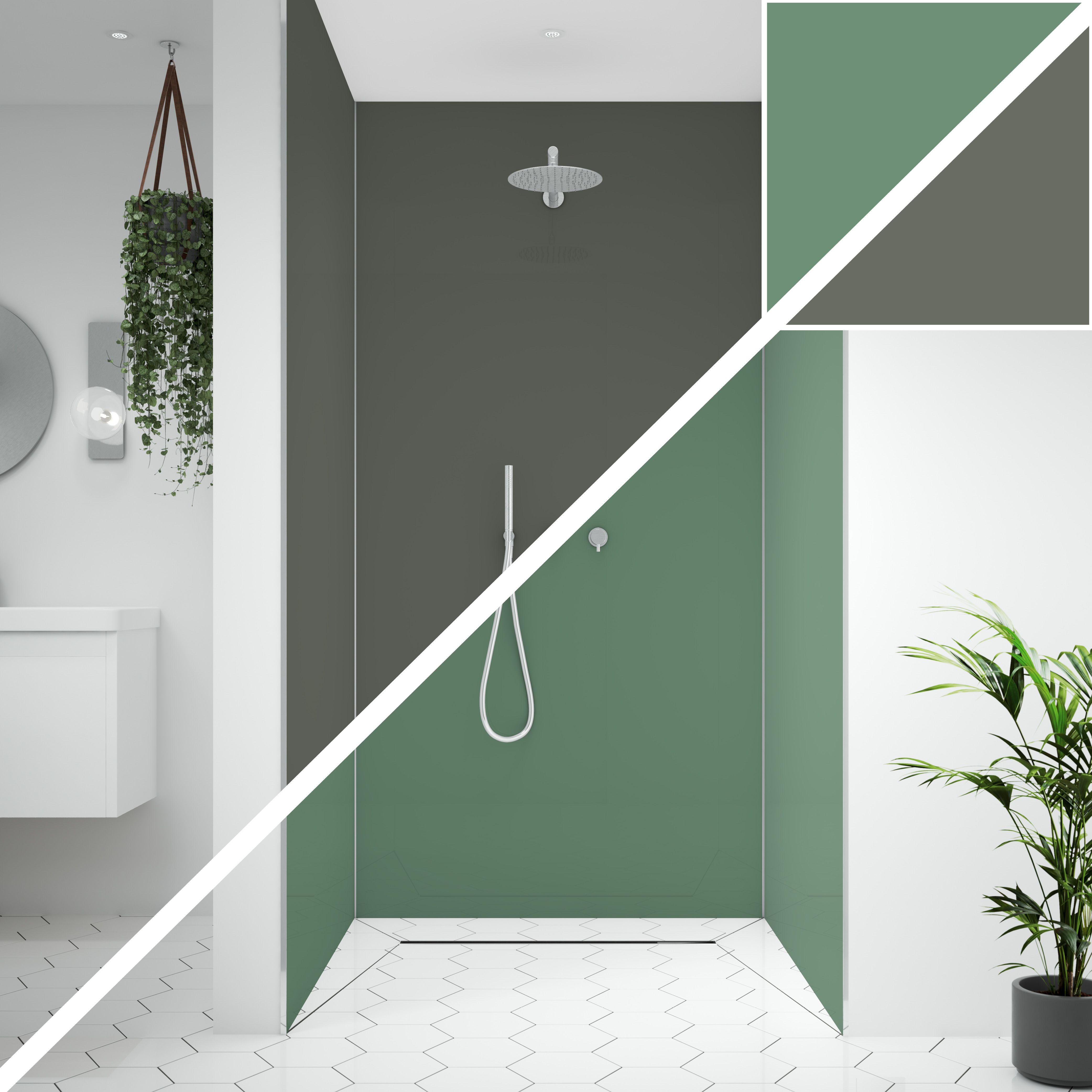Splashwall Alloy 3 panel Aluminium Double-sided Bathroom & wet room Decorative panel kit (L)2440mm (W)1220mm - Seafoam green & Battleship grey